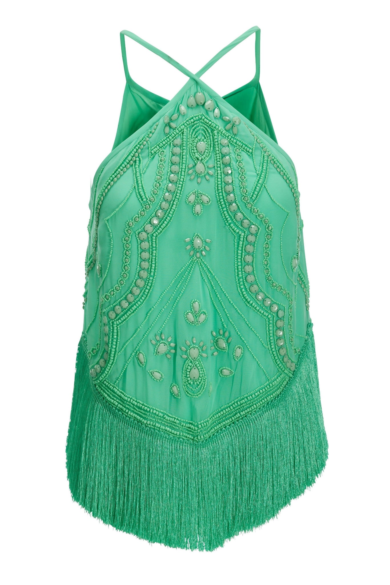 Hand Beaded Fringe Halter Top Juniper