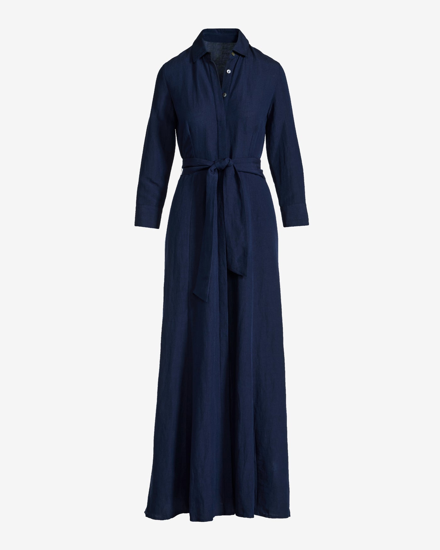 Linen Three Quarter Sleeve Maxi Shirt Dress Navy