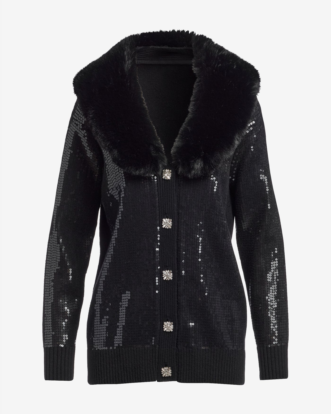 Sequin Embellished Faux Fur Collar Cardigan Black