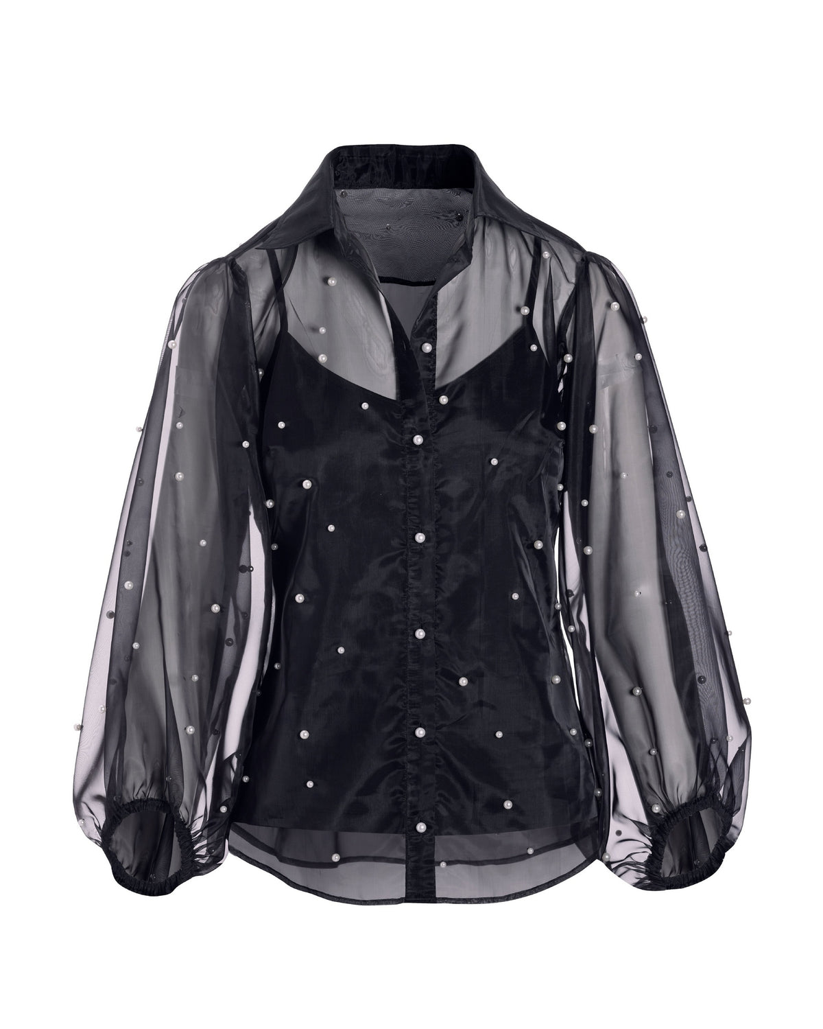 Pearl Embellished Organza Balloon Sleeve Shirt Black