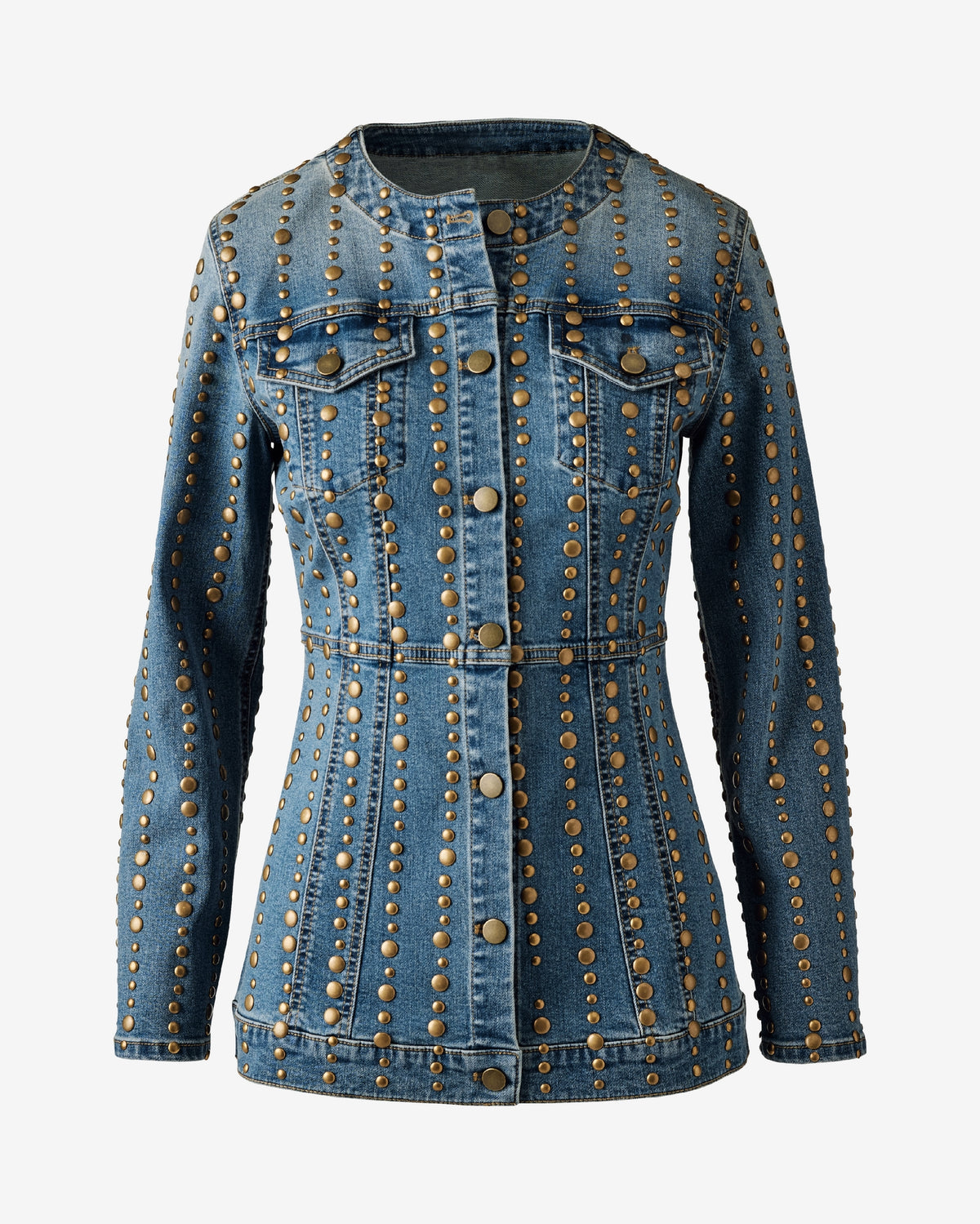 Antique Brass Studded Denim Utility Jacket Medium Wash Denim