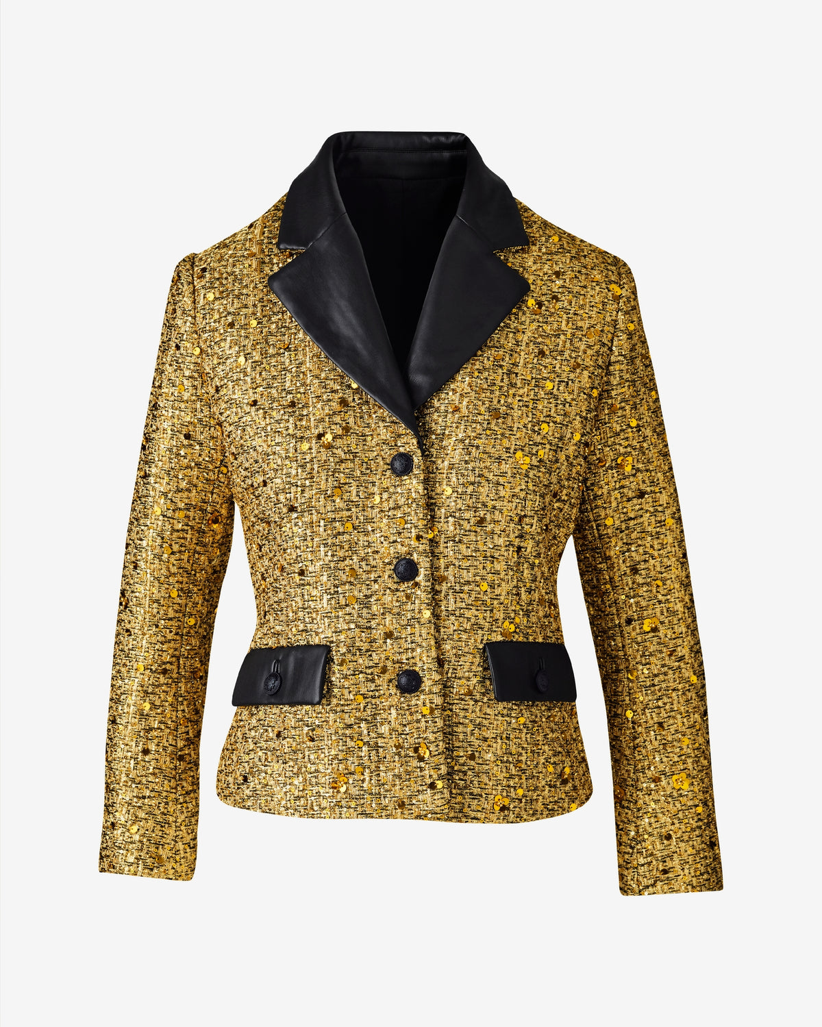Metallic Tweed Blazer with Faux Leather Collar Gold/Black