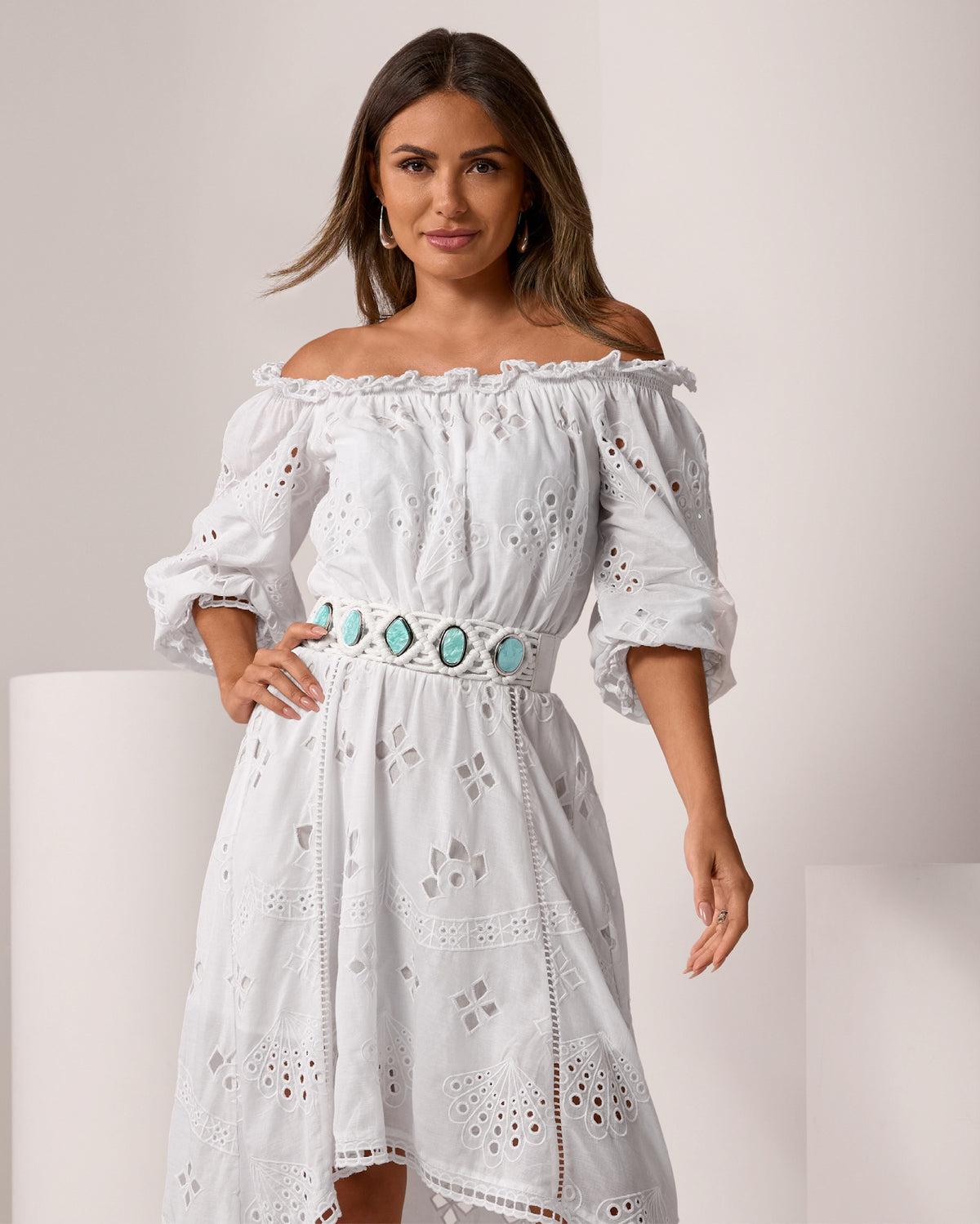 Turquoise Stone Woven Waist Belt Turquoise/White