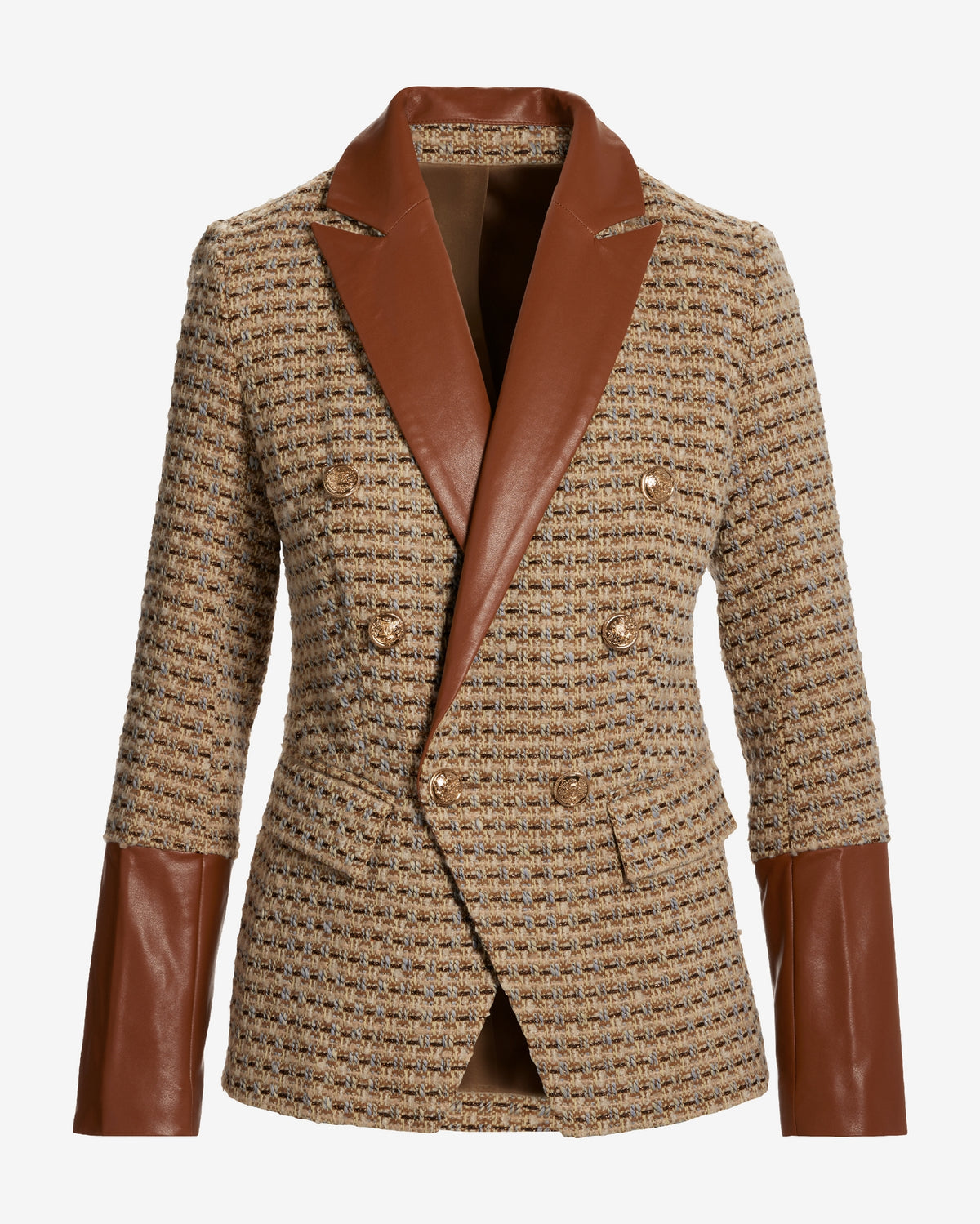 Faux Leather Trim Neutral Tweed Double Breasted Blazer Cognac Multi