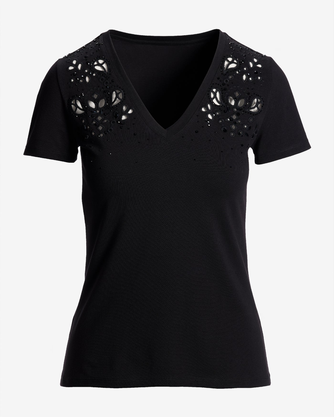 Rhinestone Eyelet V Neck Tee Proper Black