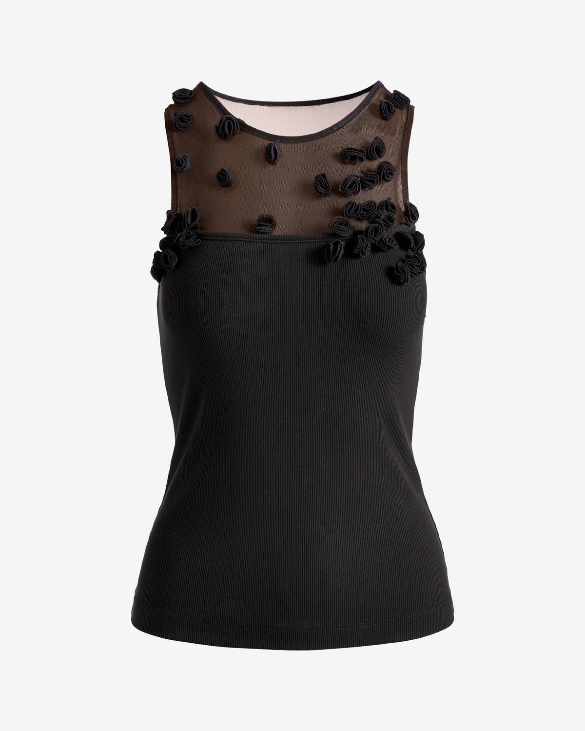 Floral Appliqué Mesh Knit Top Black