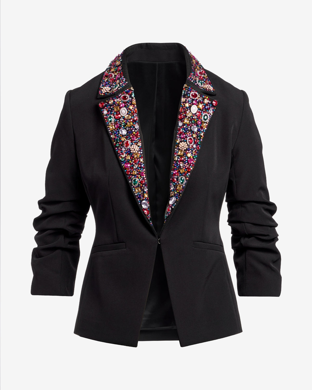 Multicolor Gem Embellished Ruched Sleeve Blazer Black