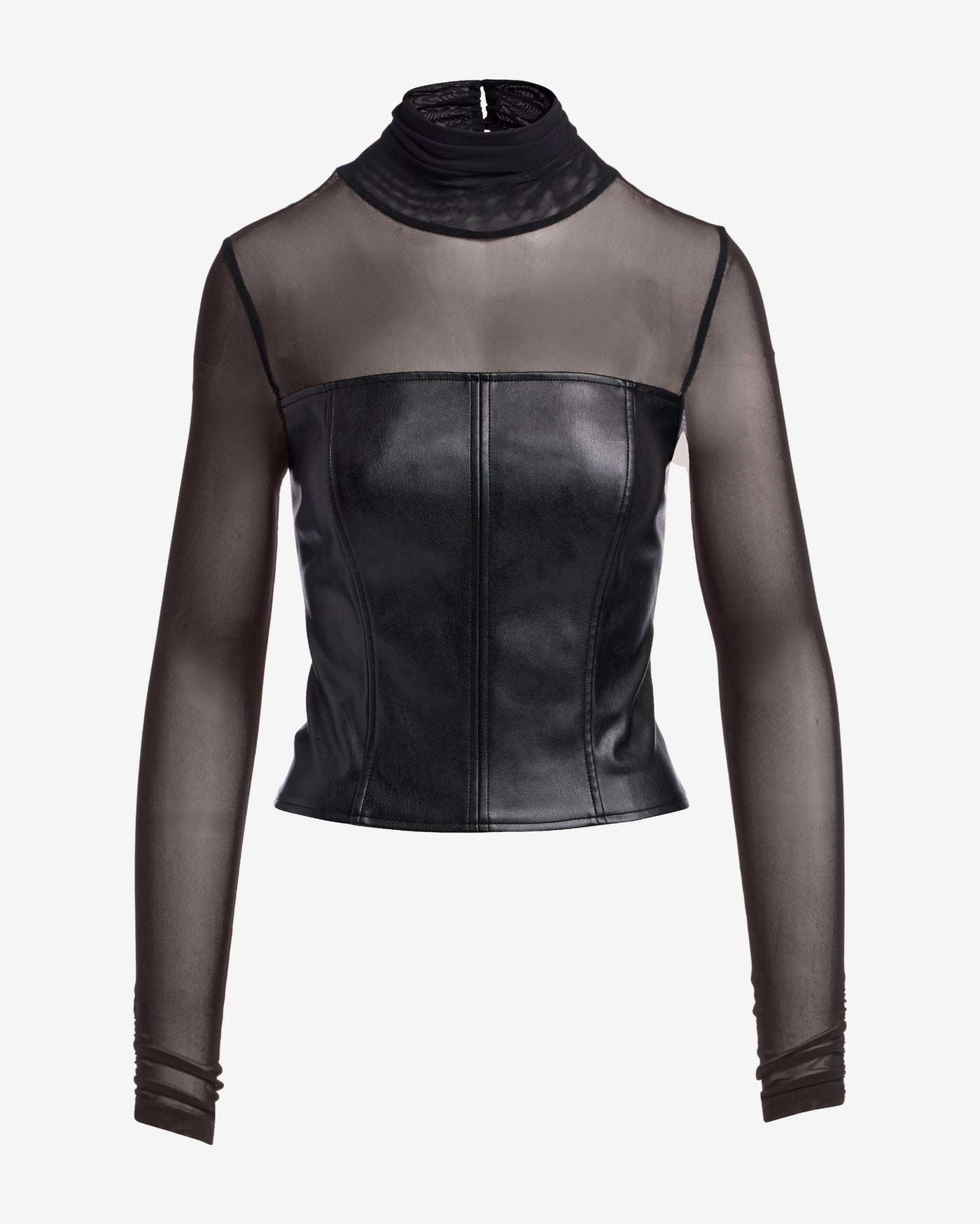 Faux Leather and Mesh Turtleneck Knit Top Black