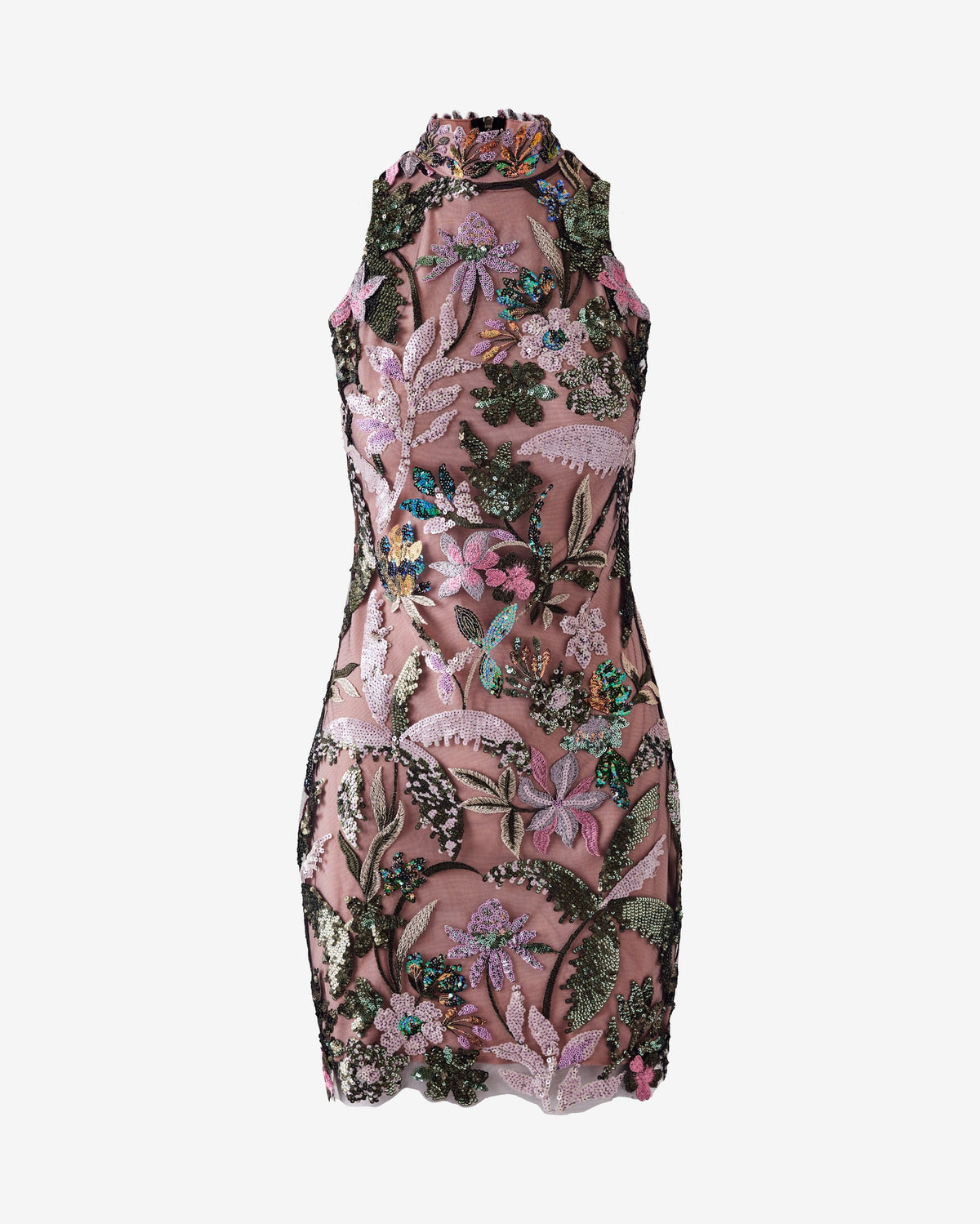 High Neck Mesh Sequin Scallop Edge Sheath Multi