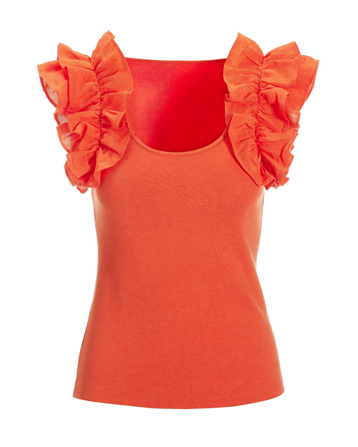 Linen Ruffle Ribbed Top Hot Coral