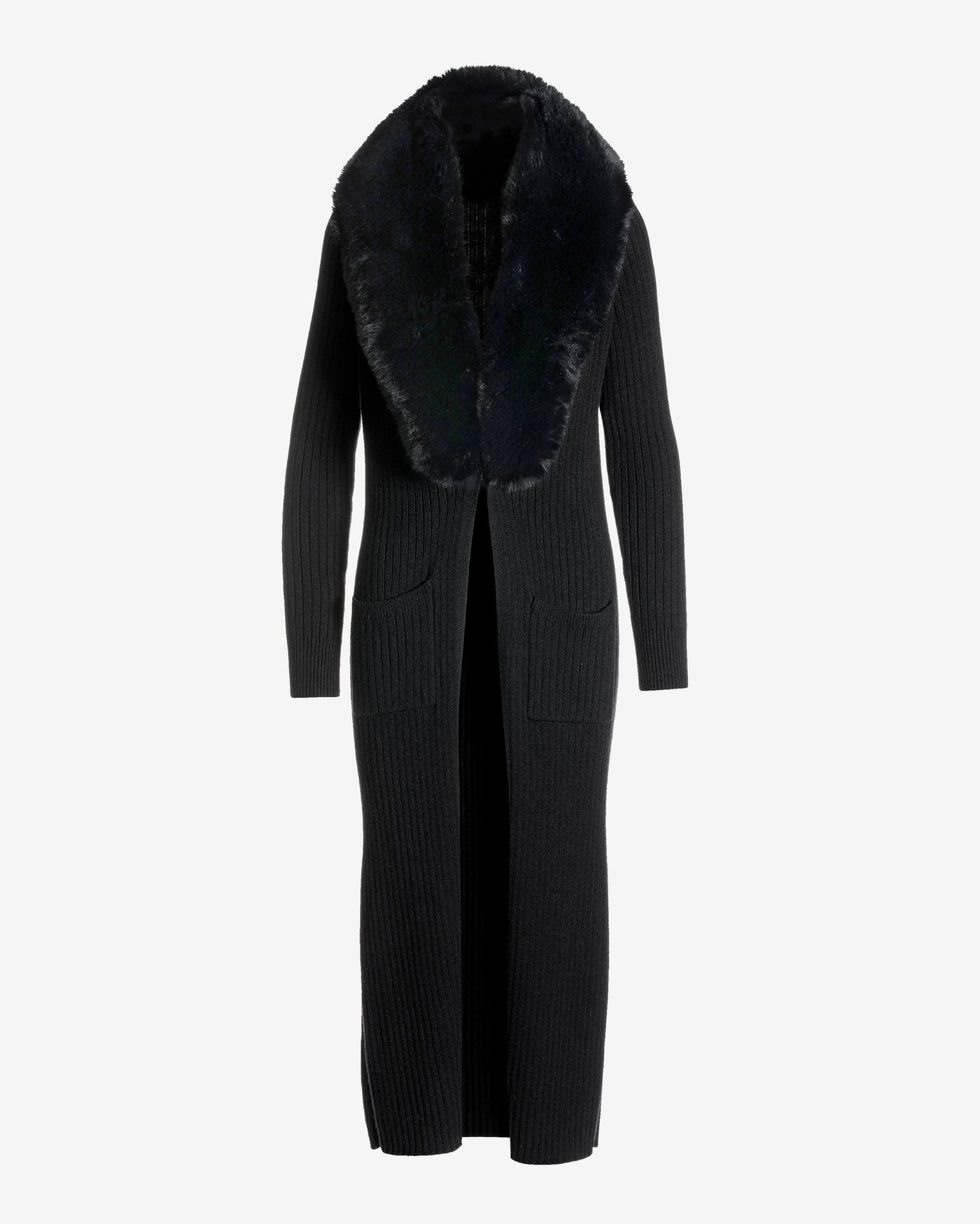 Faux Fur Collar Ribbed Long Cardigan Black/Black