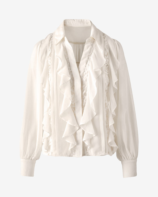 Georgette Collared Ruffle and Lace Shirt Off White
