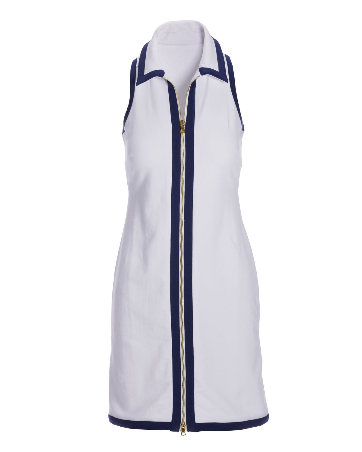 Collared Zip Color Block French Terry Dress White Navy