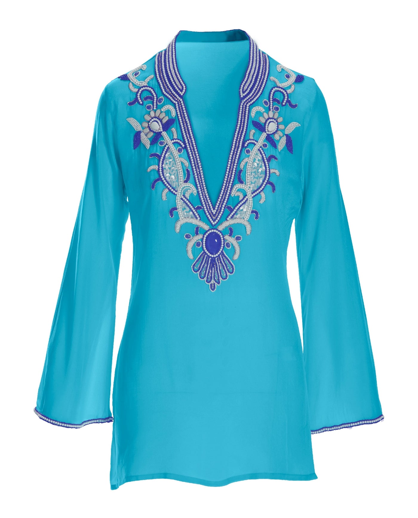 Embellished V Neck Resort Tunic Splash Blue