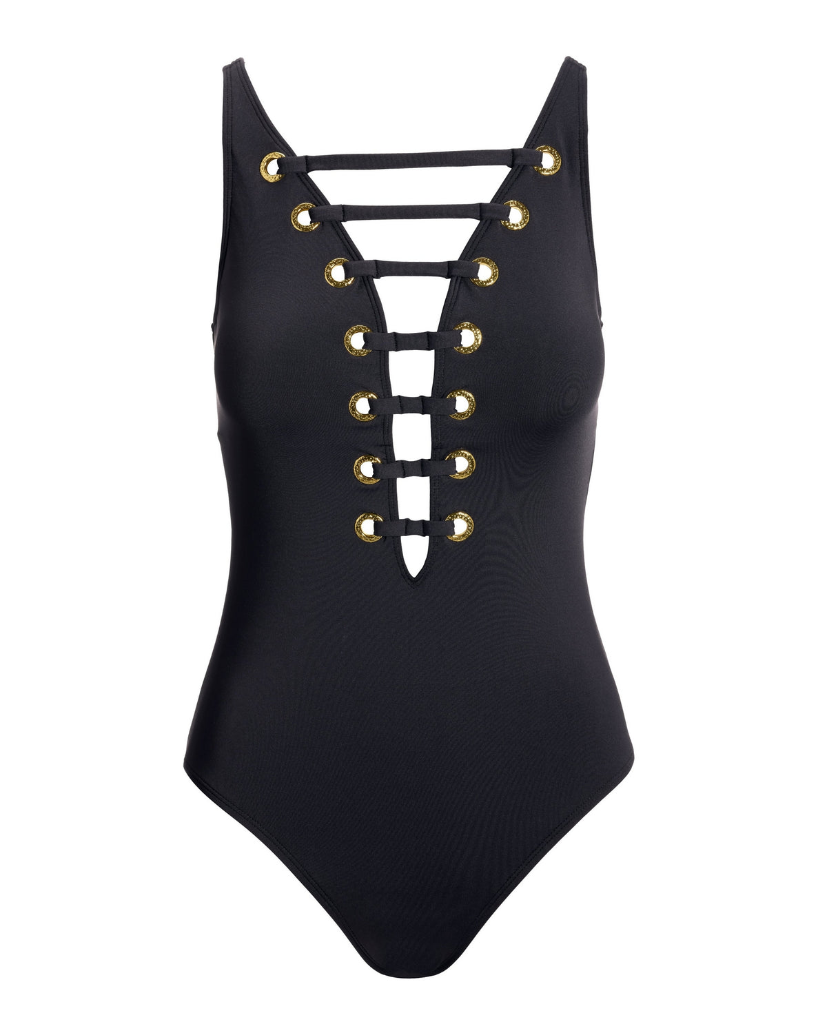 Grommet Ladder Plunge One-Piece Swimsuit Black