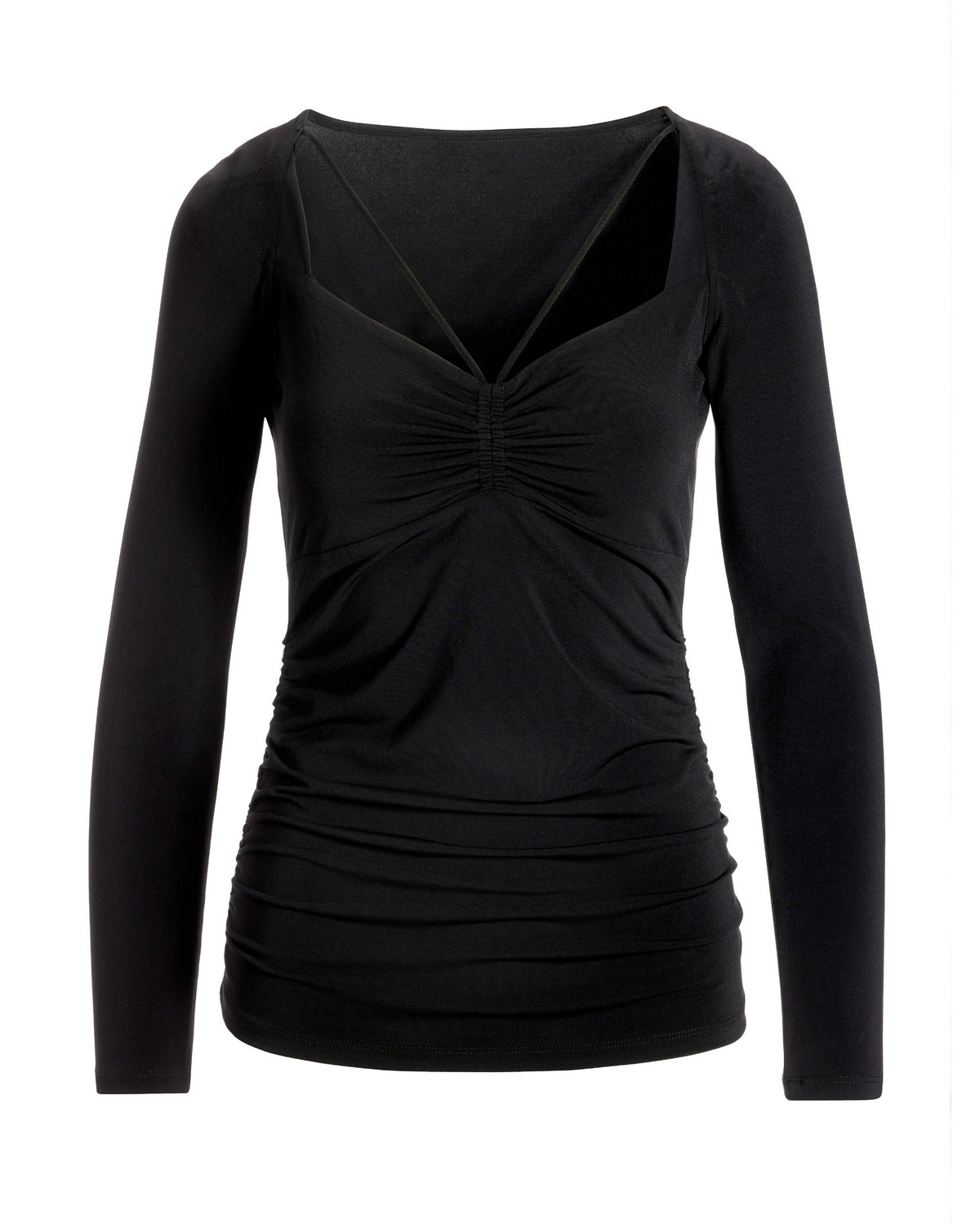 Ruched Center Strappy Long-Sleeve Knit Top Black