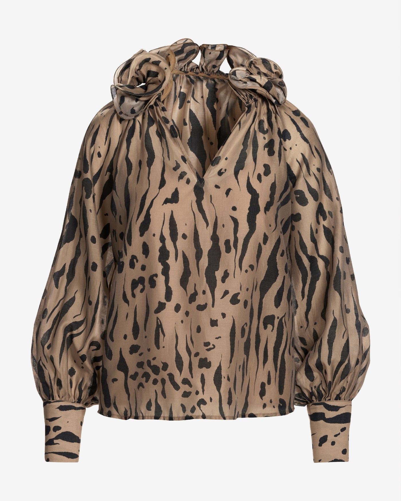 Ruffle Collar Print Blouse Textured Animal