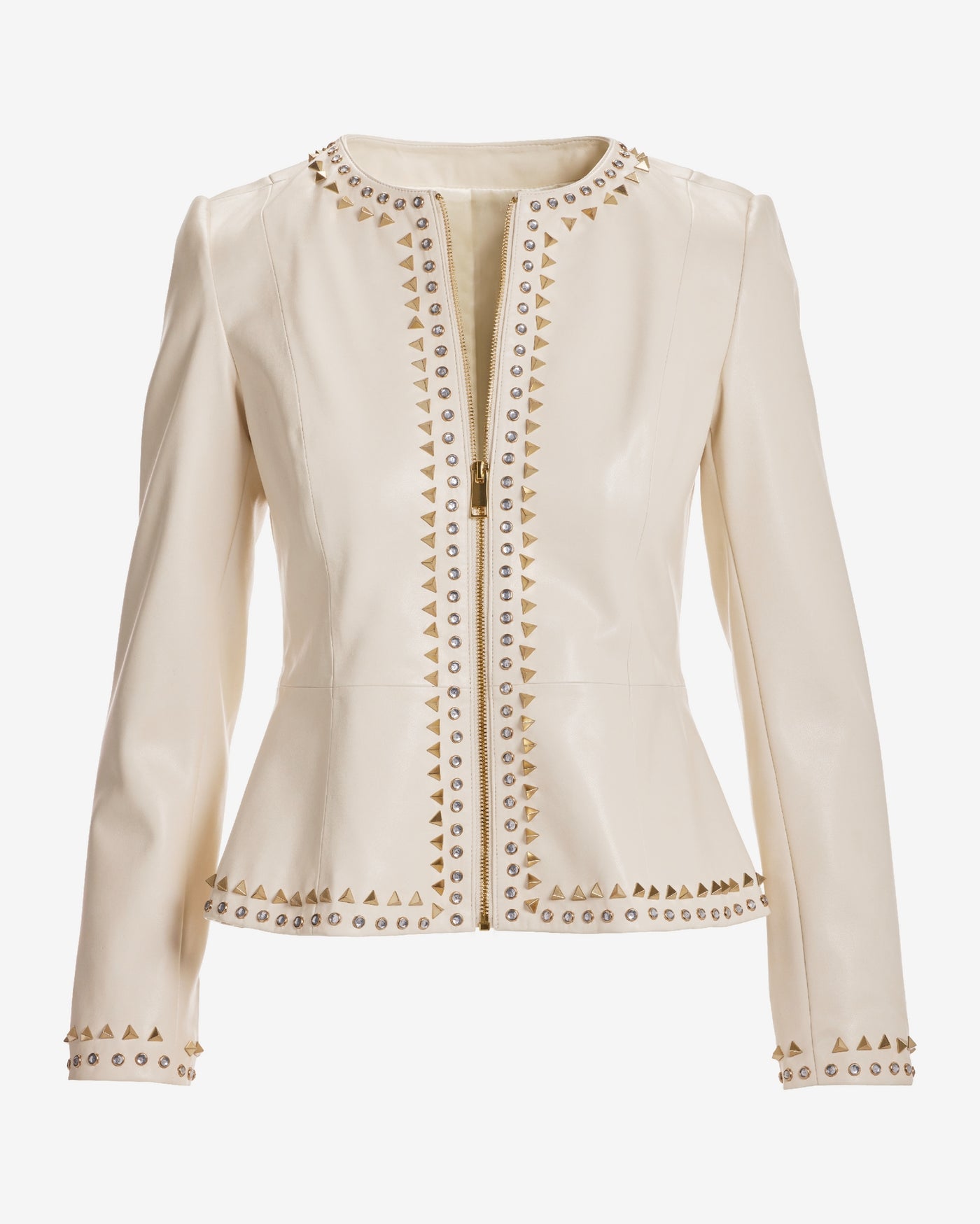 Crystal and Stud Trim Faux Leather Zip Up Peplum Jacket Bone