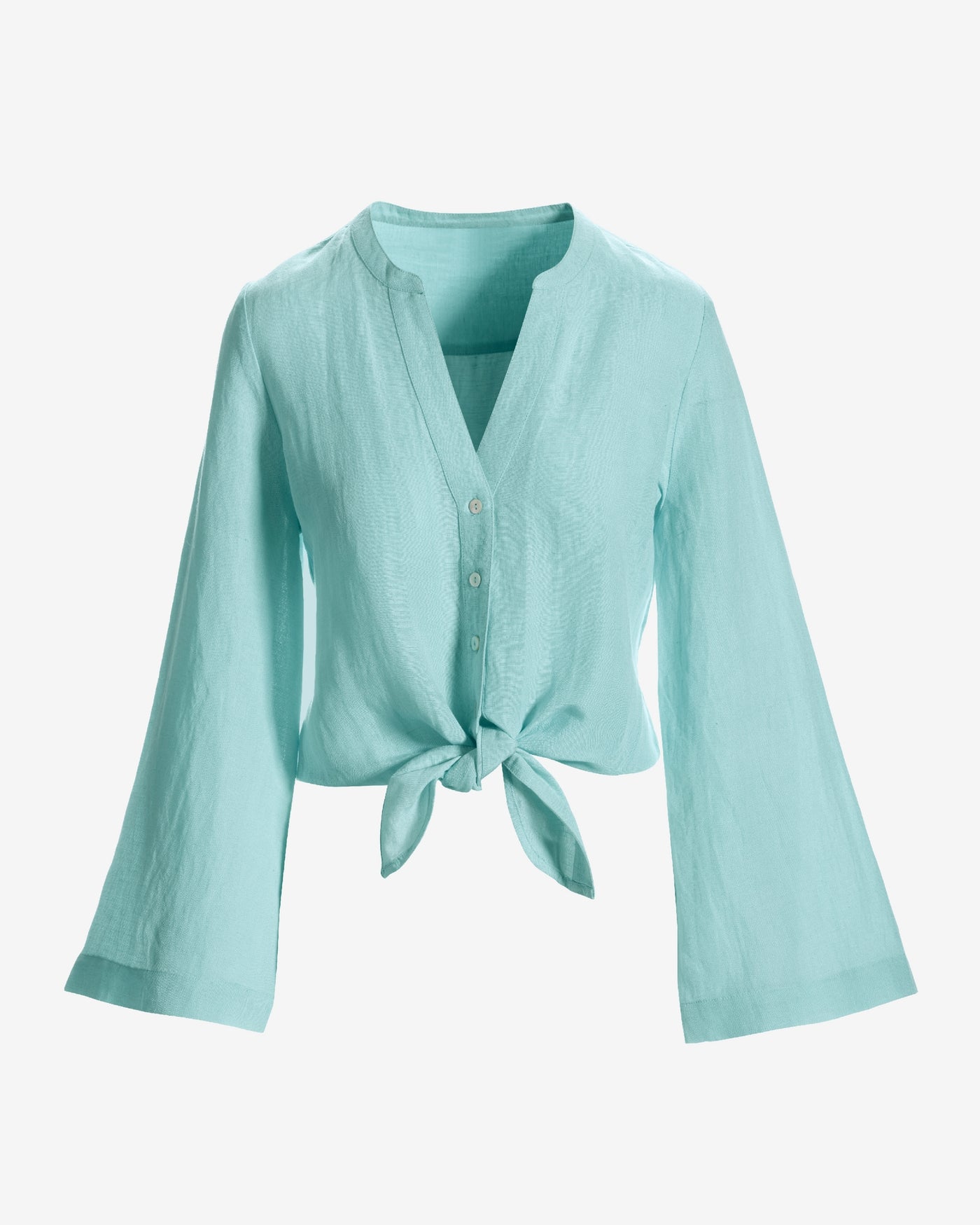Linen Flare Sleeve Tie Front Shirt Aqua Splash