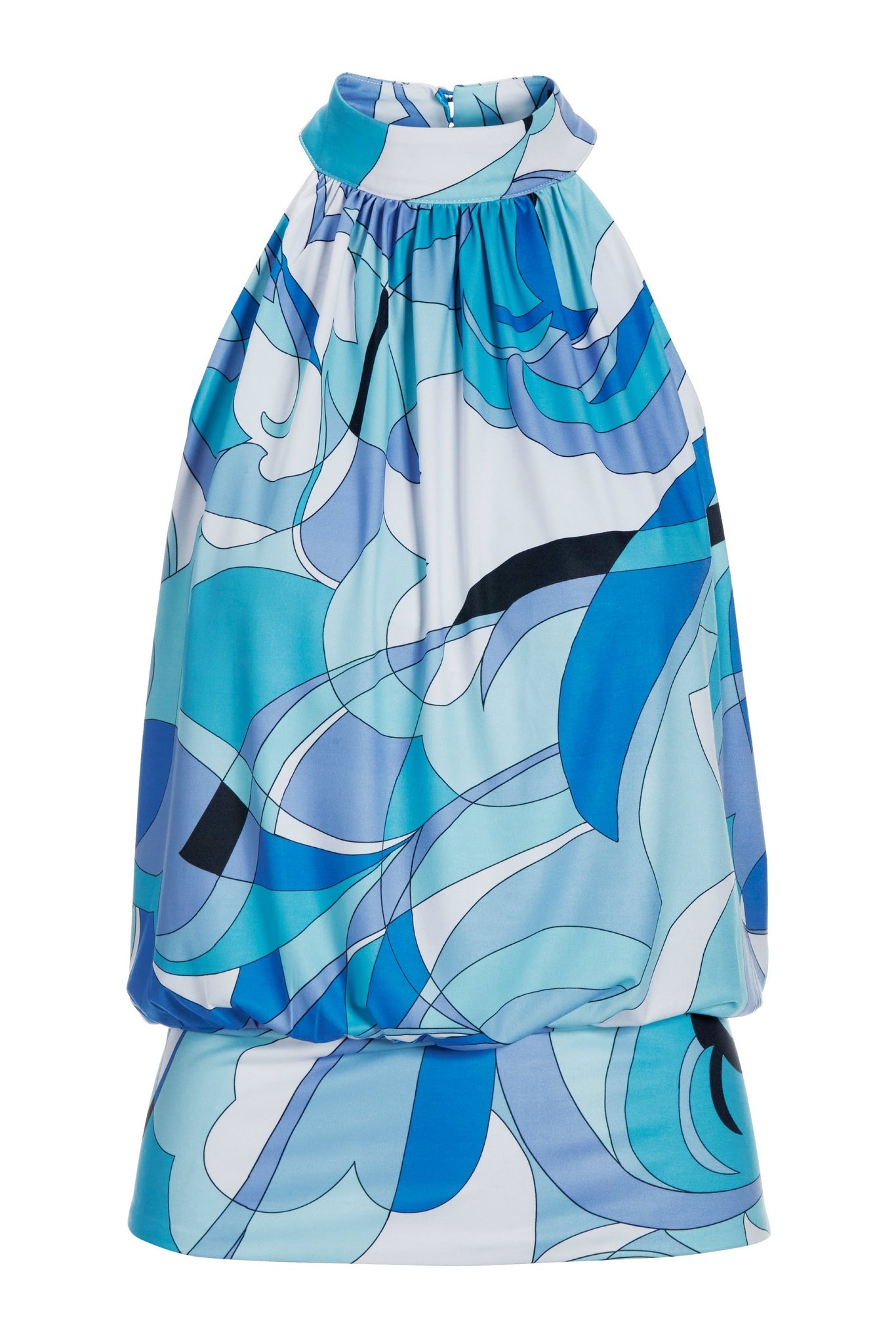 Ocean Abstract Print Mock Neck Halter Banded Bottom Blue Multi