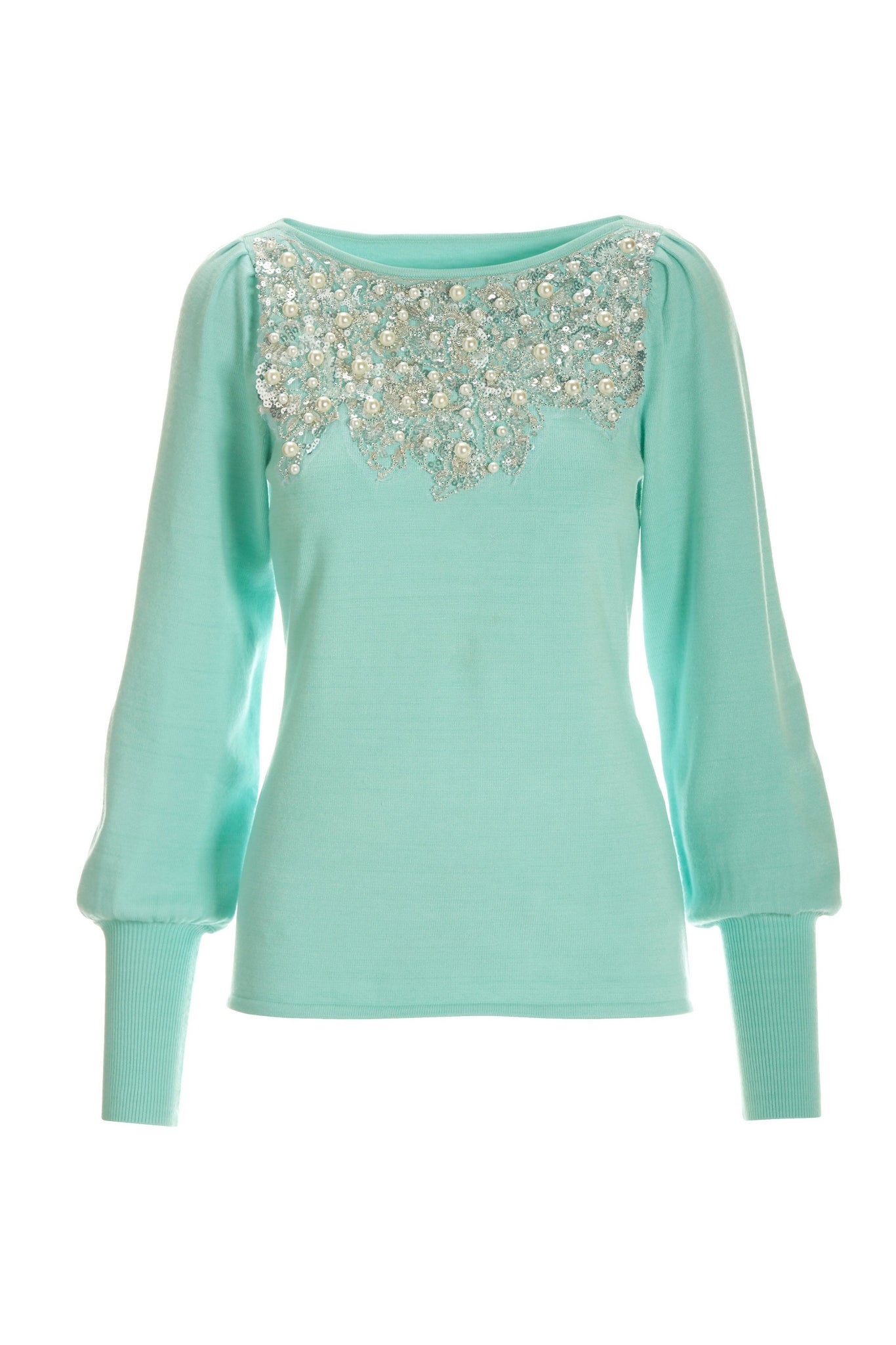 Pearl Embellished Balloon Sleeve Sweater Blue Light