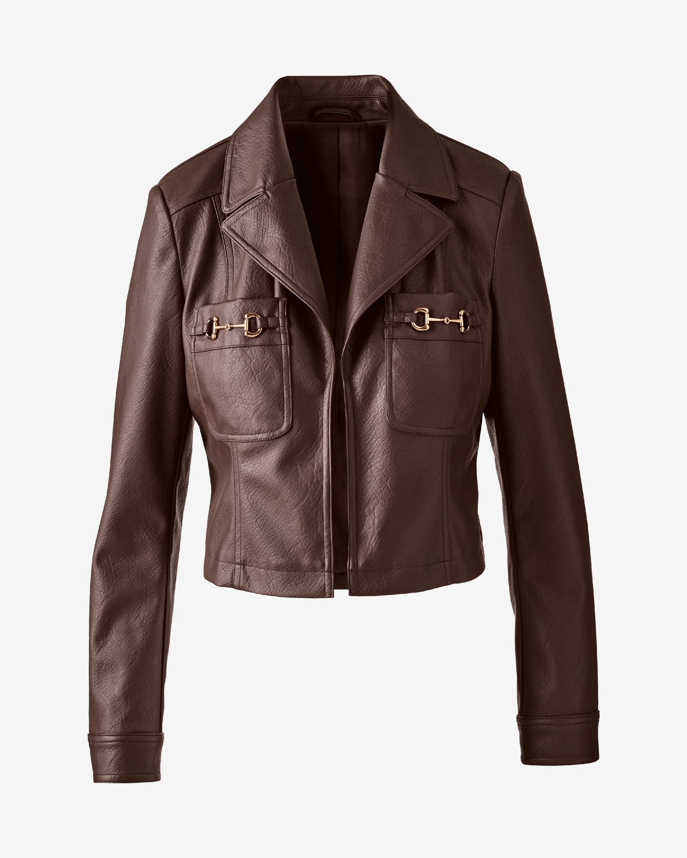 Hardware Trim Collared Faux Leather Jacket Brown