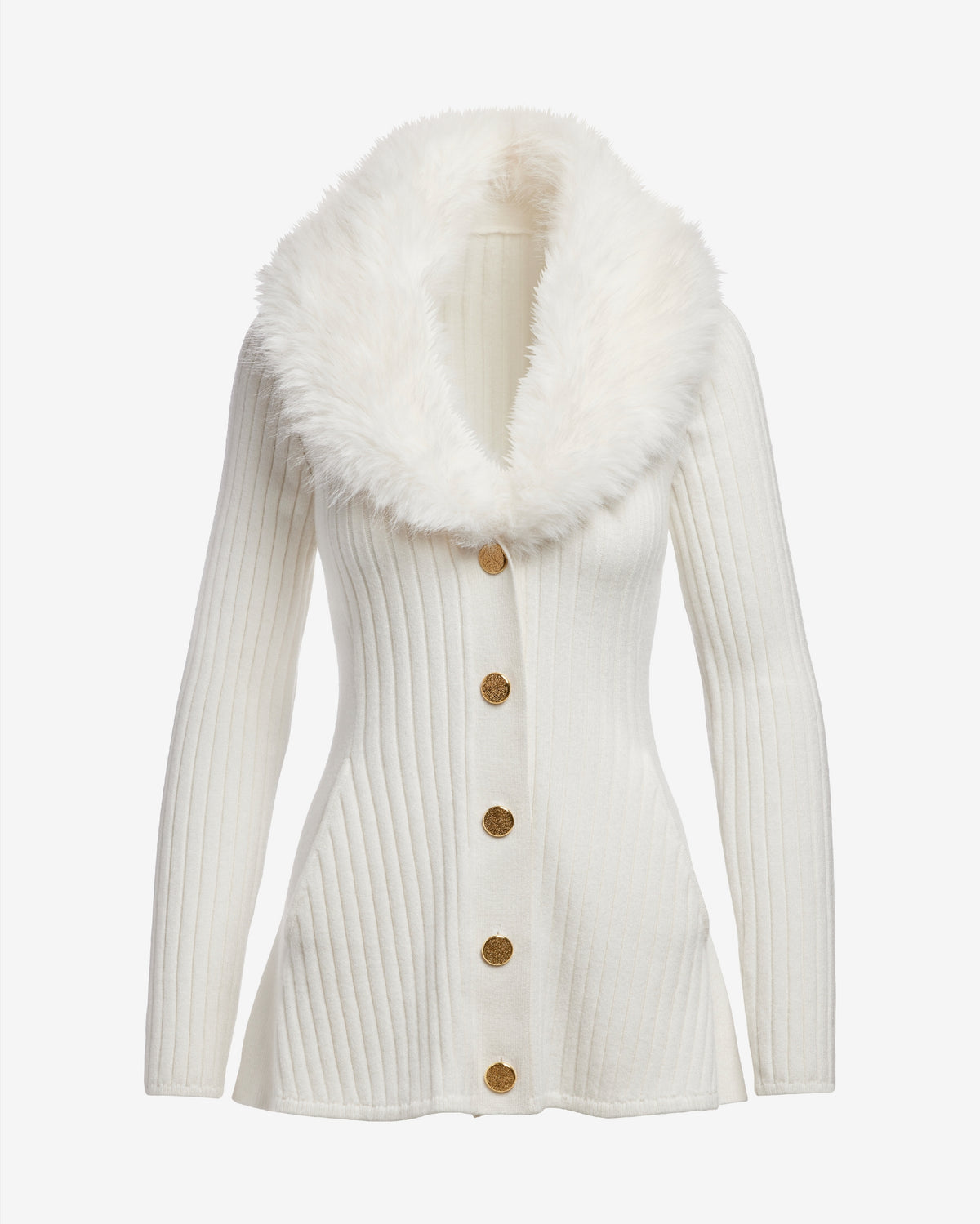 Faux Fur Trim Button Up A-Line Cardigan Off White
