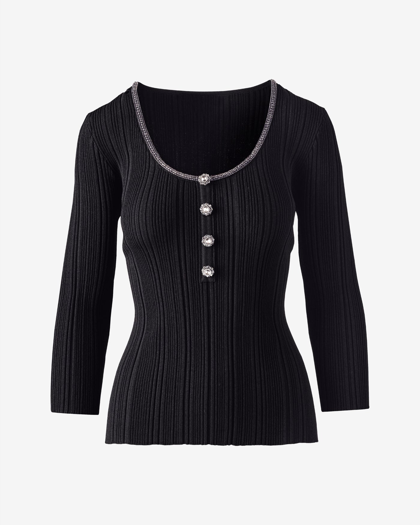 Variegated Rib 3/4 Sleeve Sweater with Novelty Trim Black