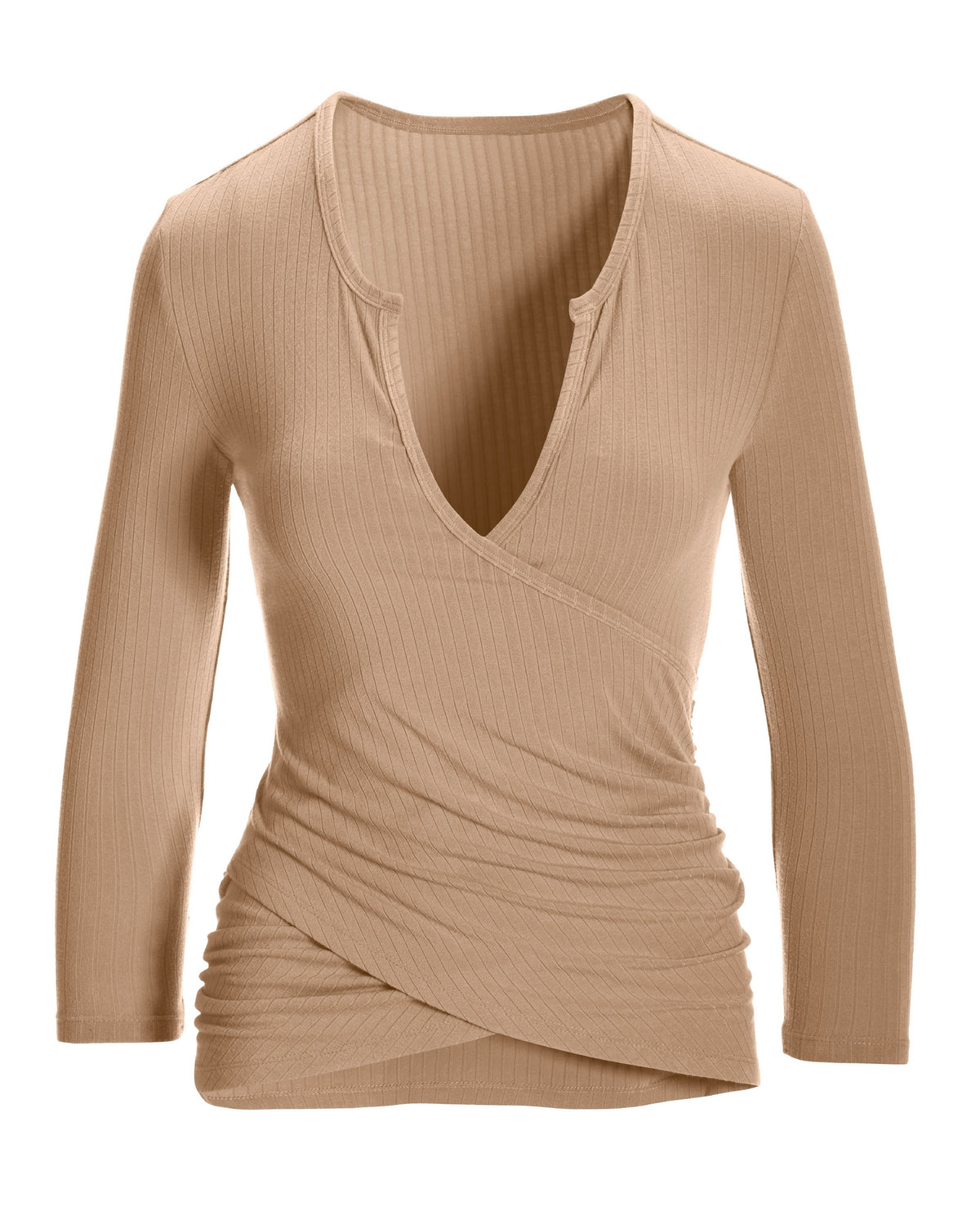 Rib Surplice Notch Top Sesame