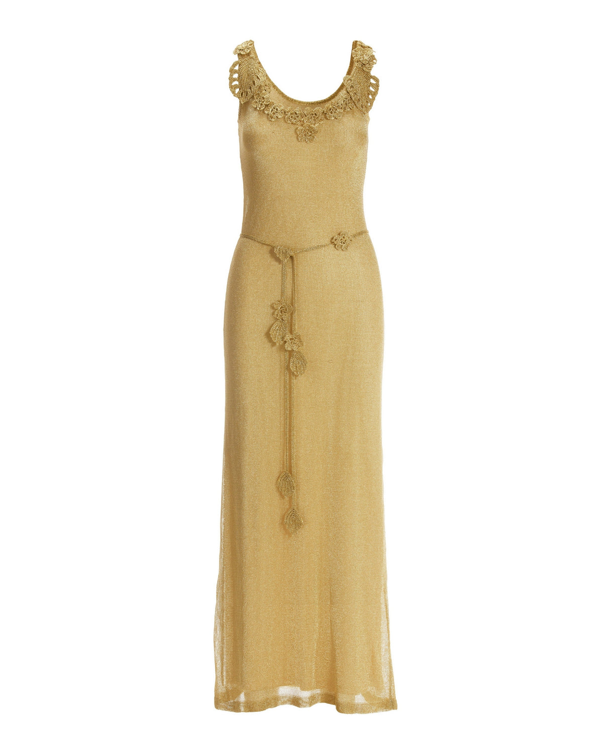 Floral Applique Metallic Crochet Maxi Dress Gold