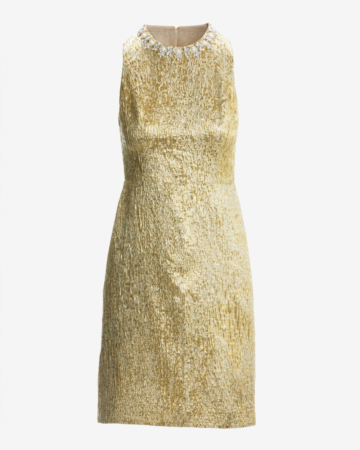 Pearl Embellished Metallic Jacquard Sheath Dress Gold