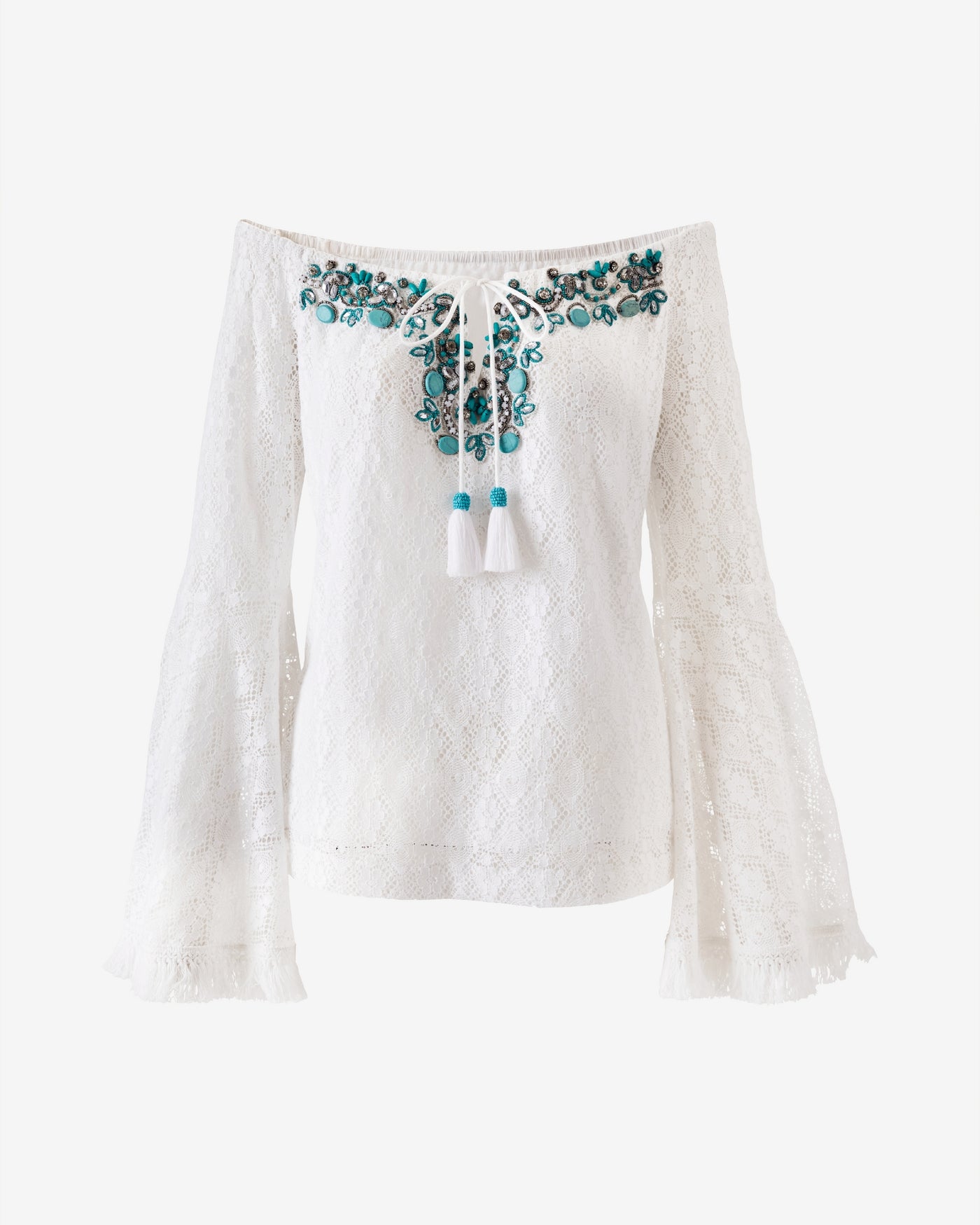 Embellished Off The Shoulder Fringe Trim Tunic White/Turquoise