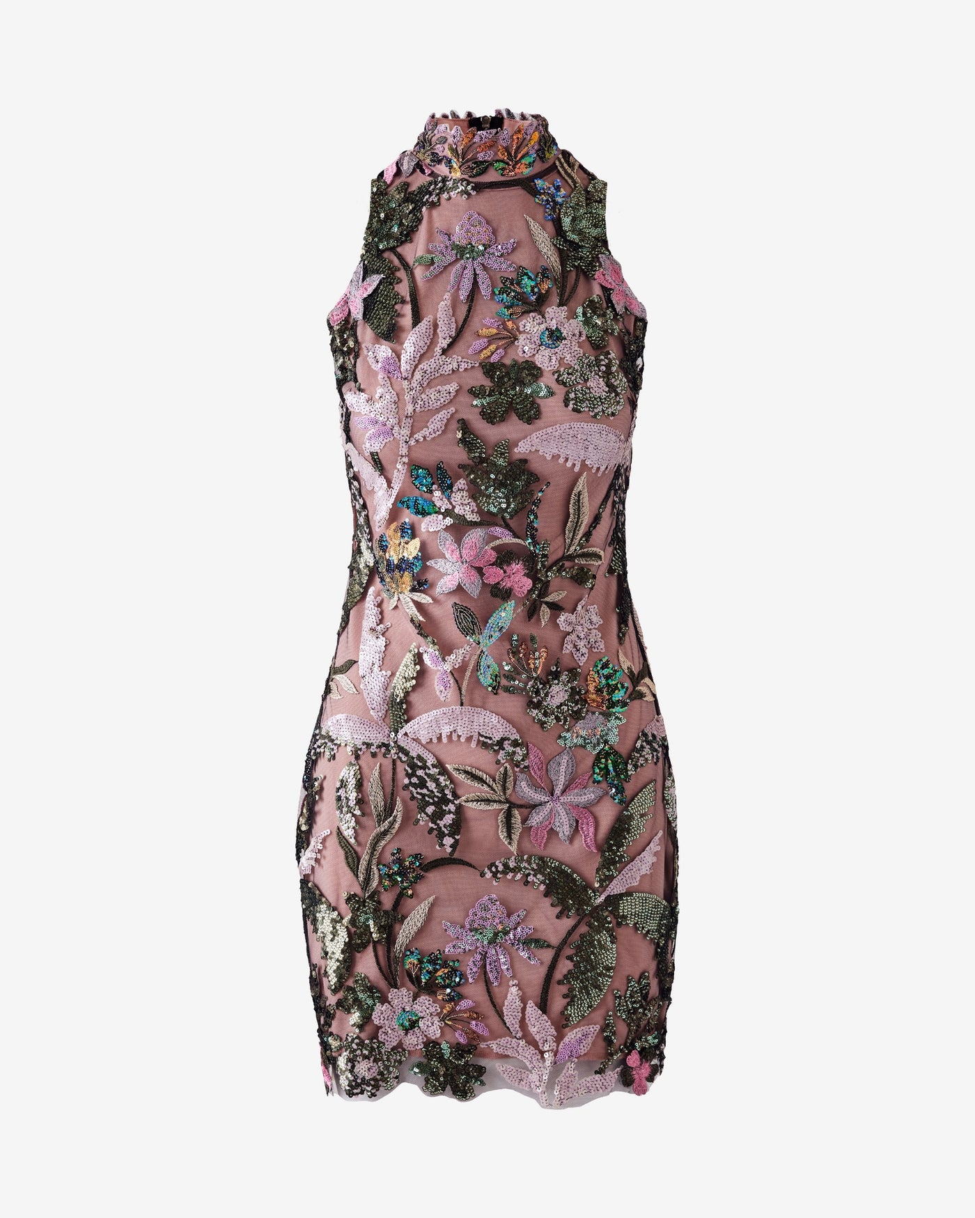 High Neck Mesh Sequin Scallop Edge Sheath Multi