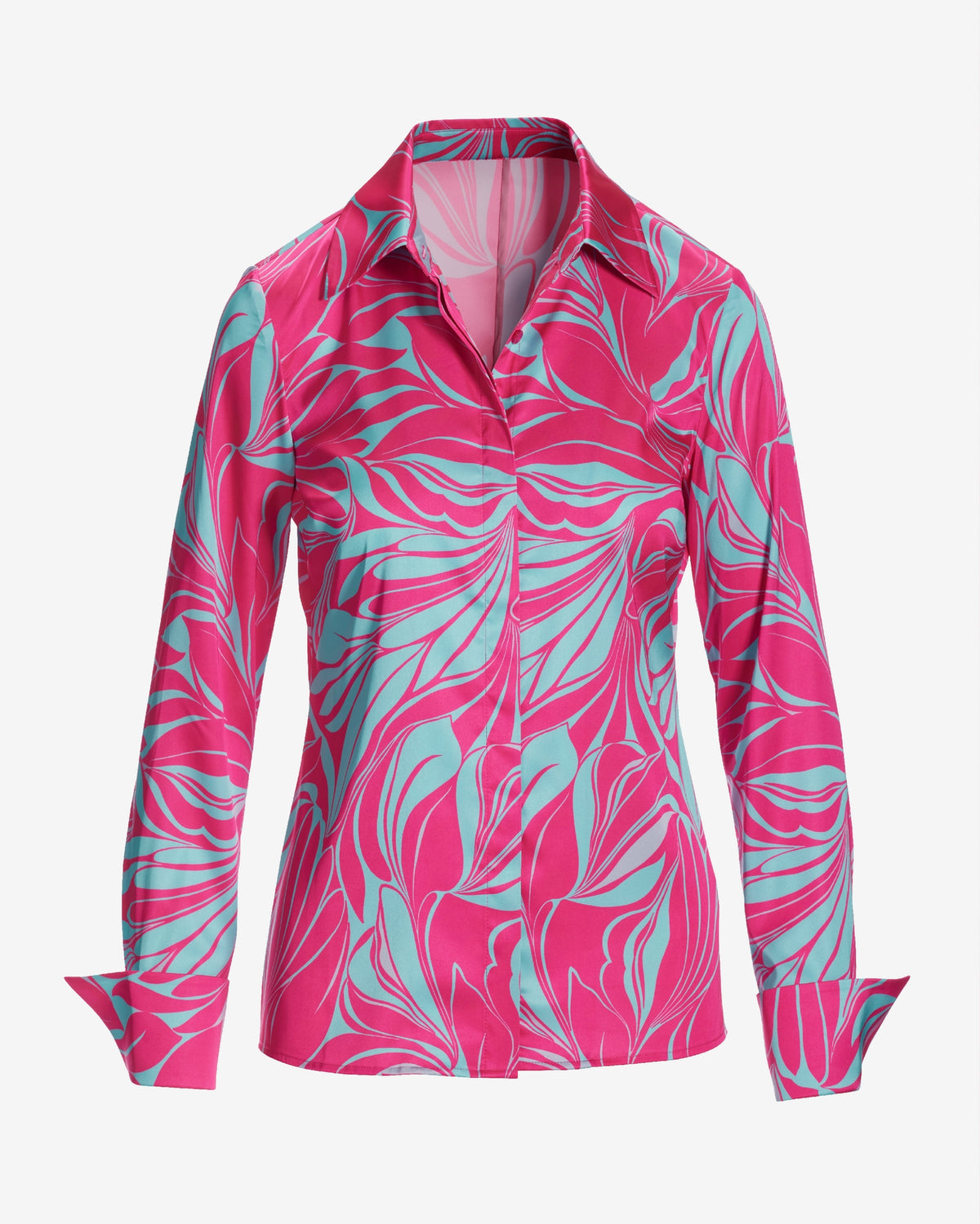 Sirena Abstract Print Sophia Button Up Charmeuse Blouse Blue/Pink