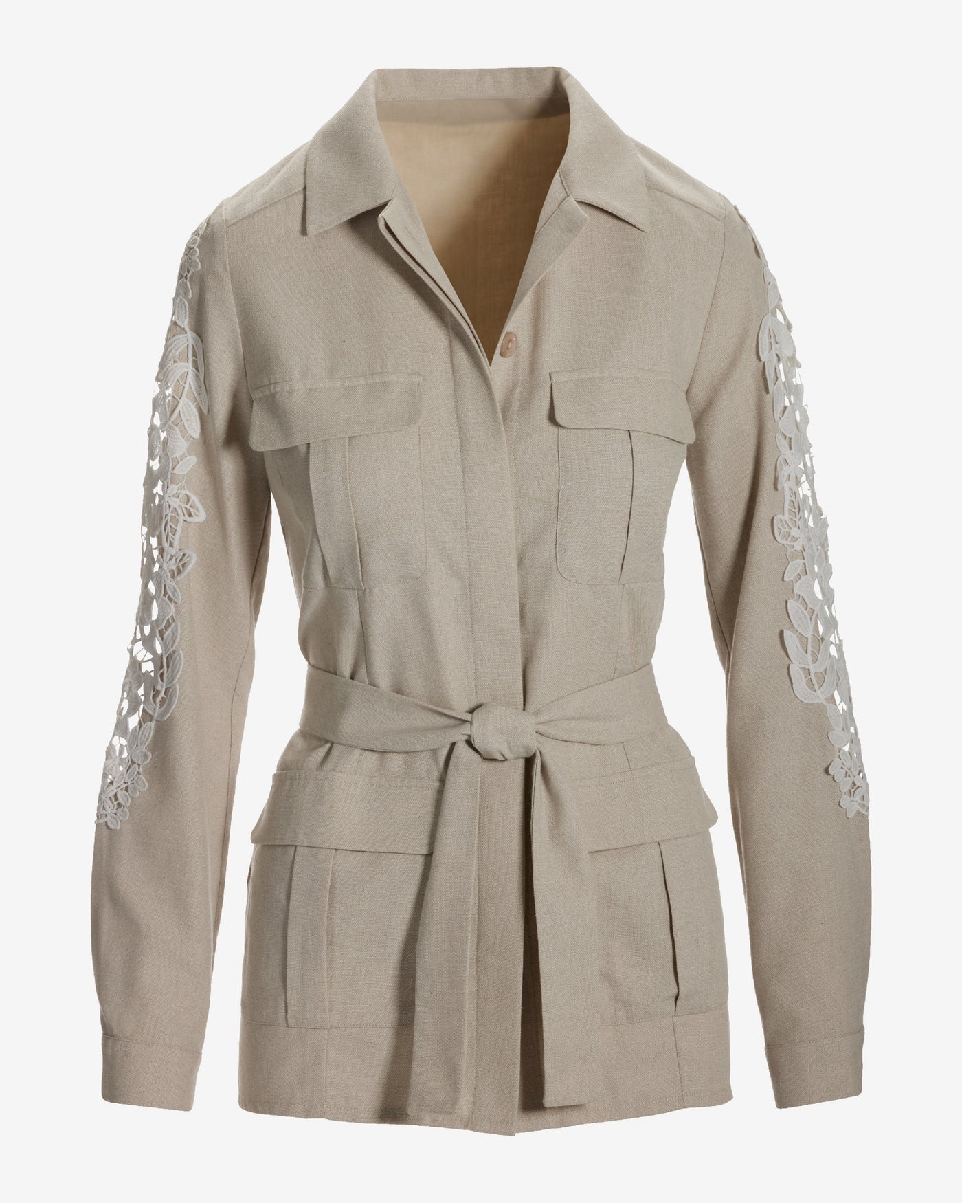 Lace Inset Linen Utility Jacket Tan