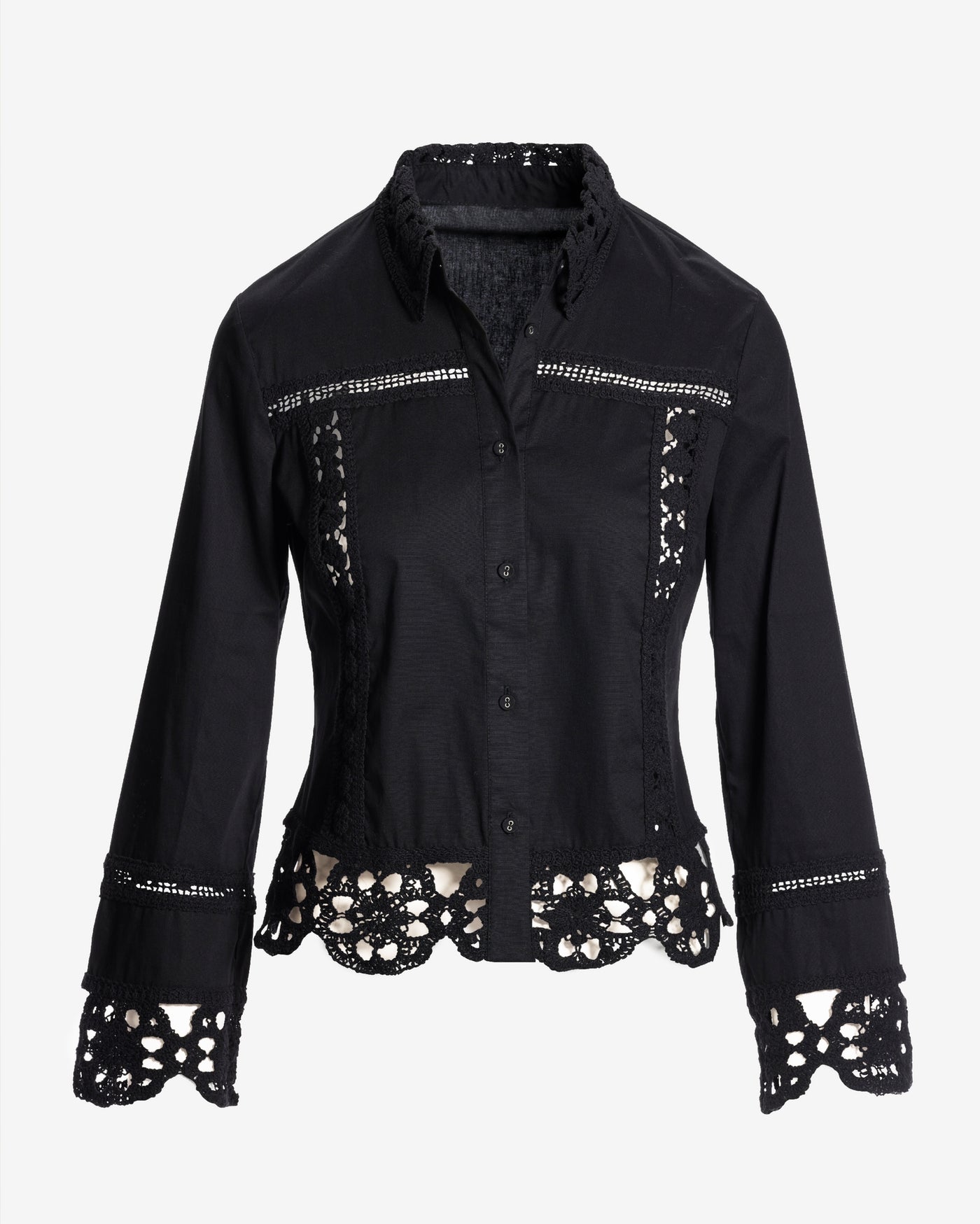 Crochet Trim Button-Up Shirt Black