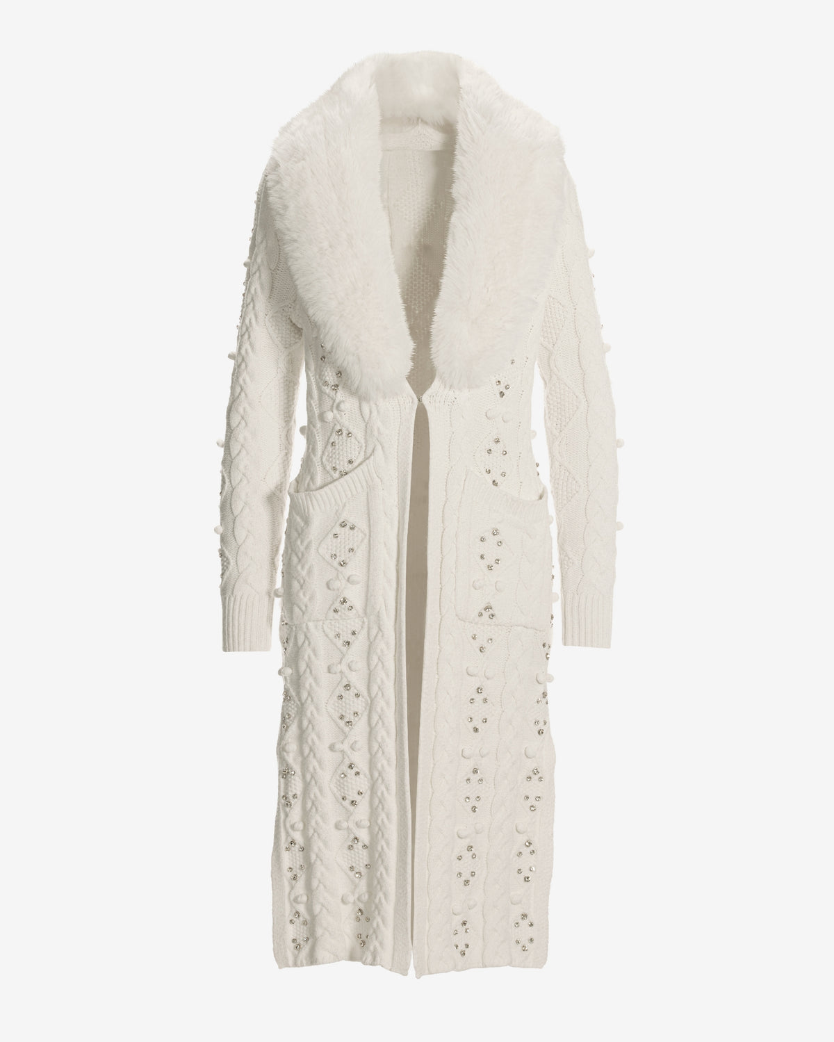 Faux Fur Embellished Cable Duster Off White