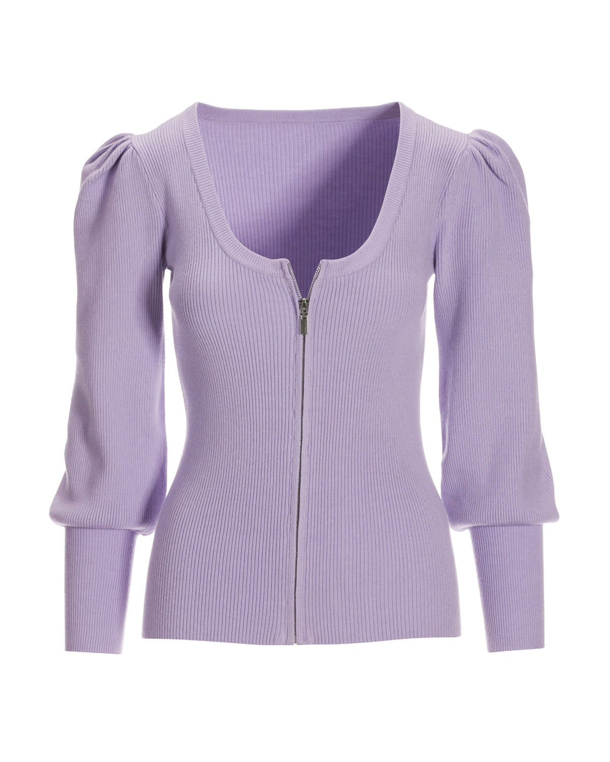 Ribbed Scoop-Neck Zip-Up Cardigan Lavender Ice