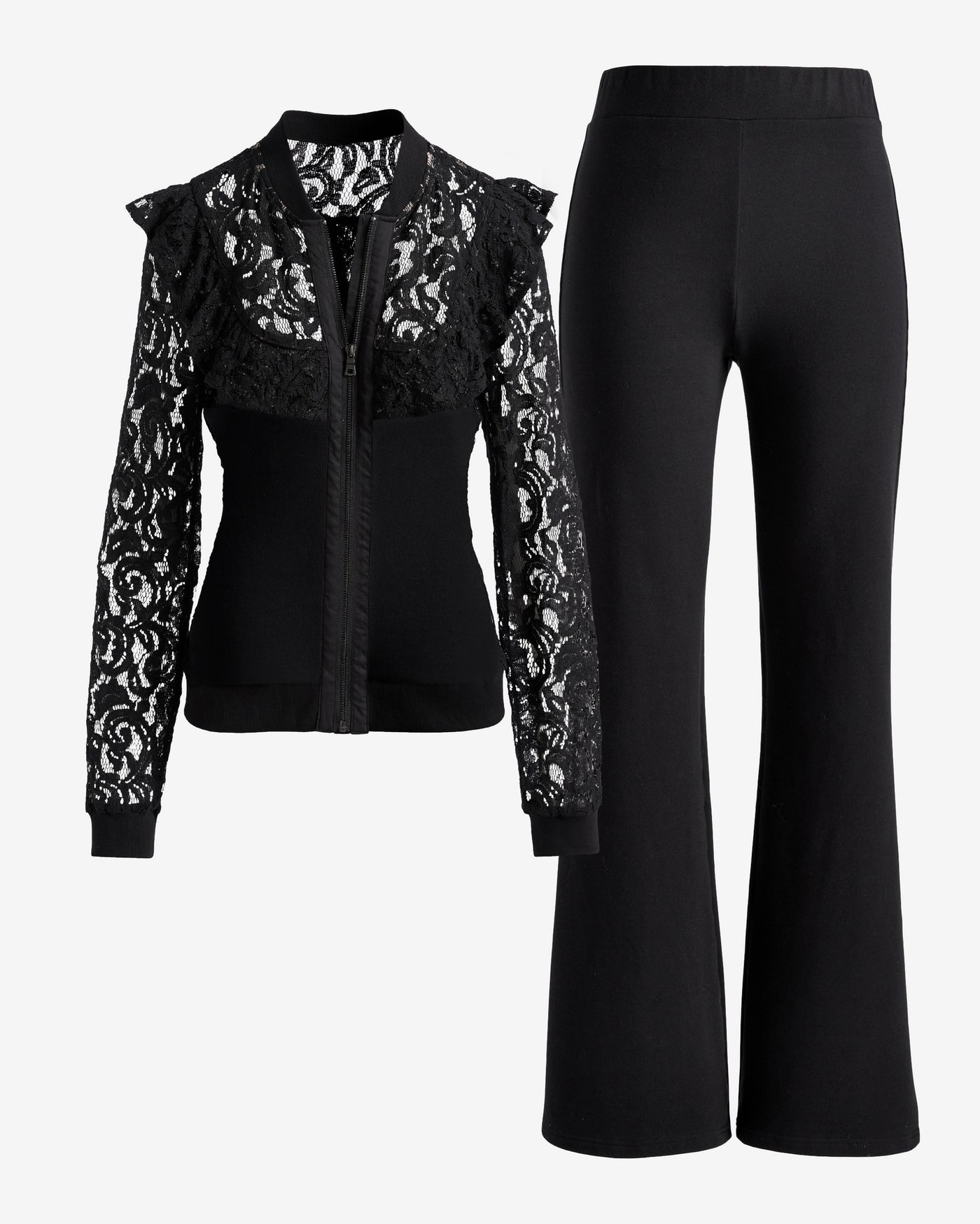 Lace Ruffle Bomber Jacket and Pant Set Proper Black