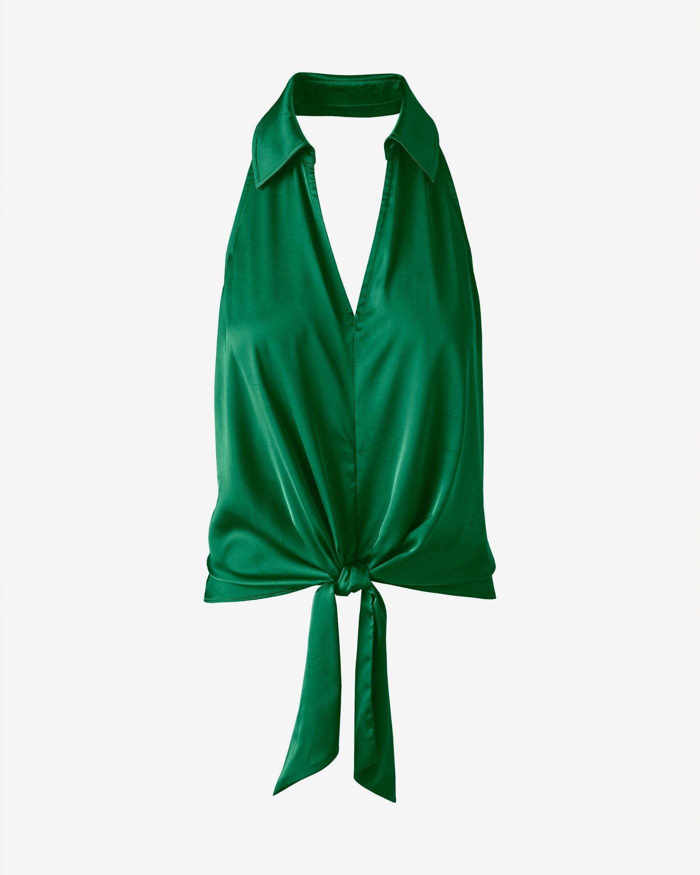 Charmeuse Collared Halter Front Tie Top Monaco Green