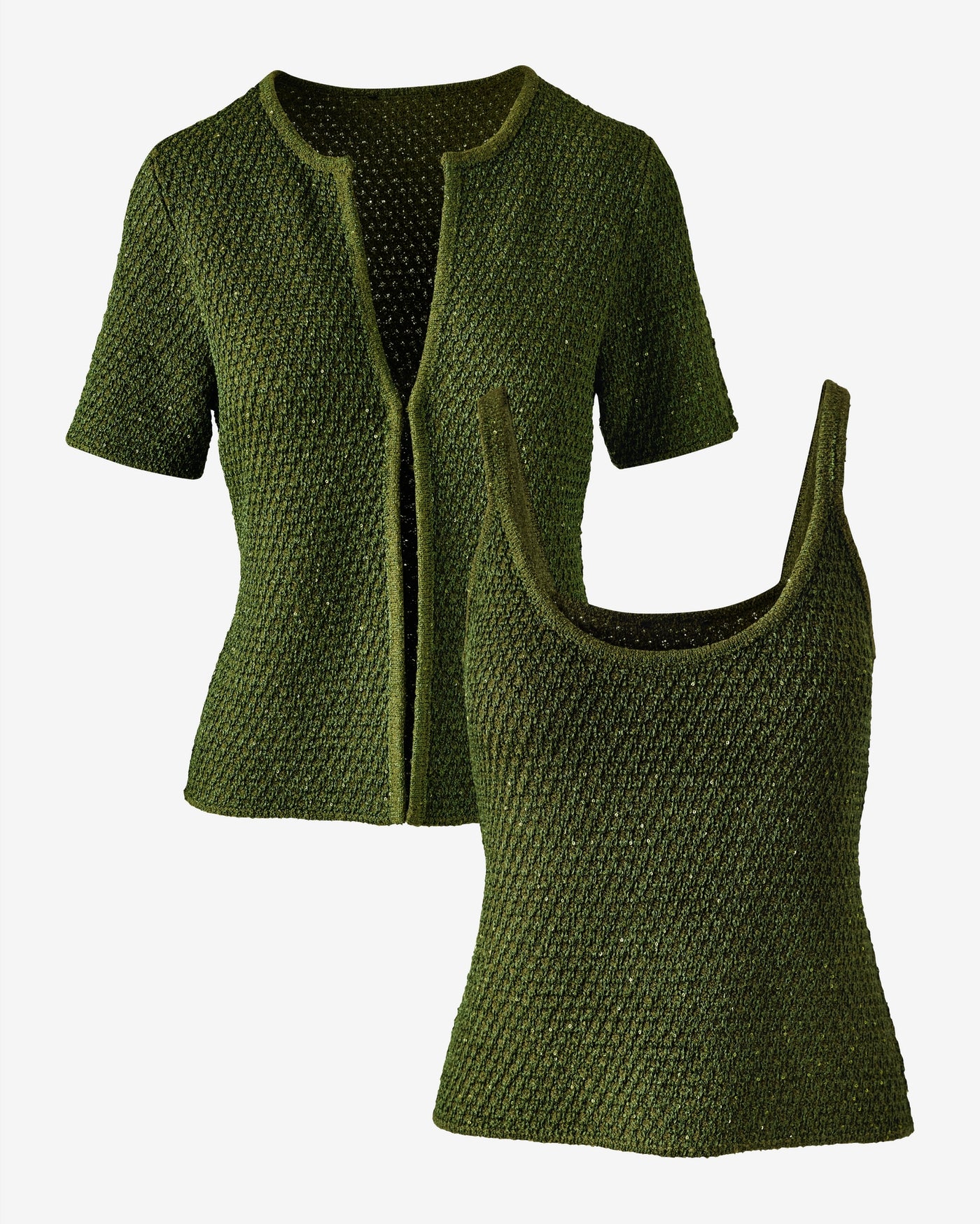 Sequin and Metallic Short Sleeve Cardigan & Tank Set Metallic Bronze Green