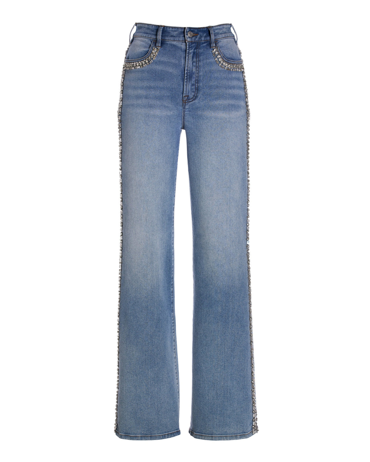 Malibu Embellished Crystal Trim Palazzo Jean Light Wash Denim