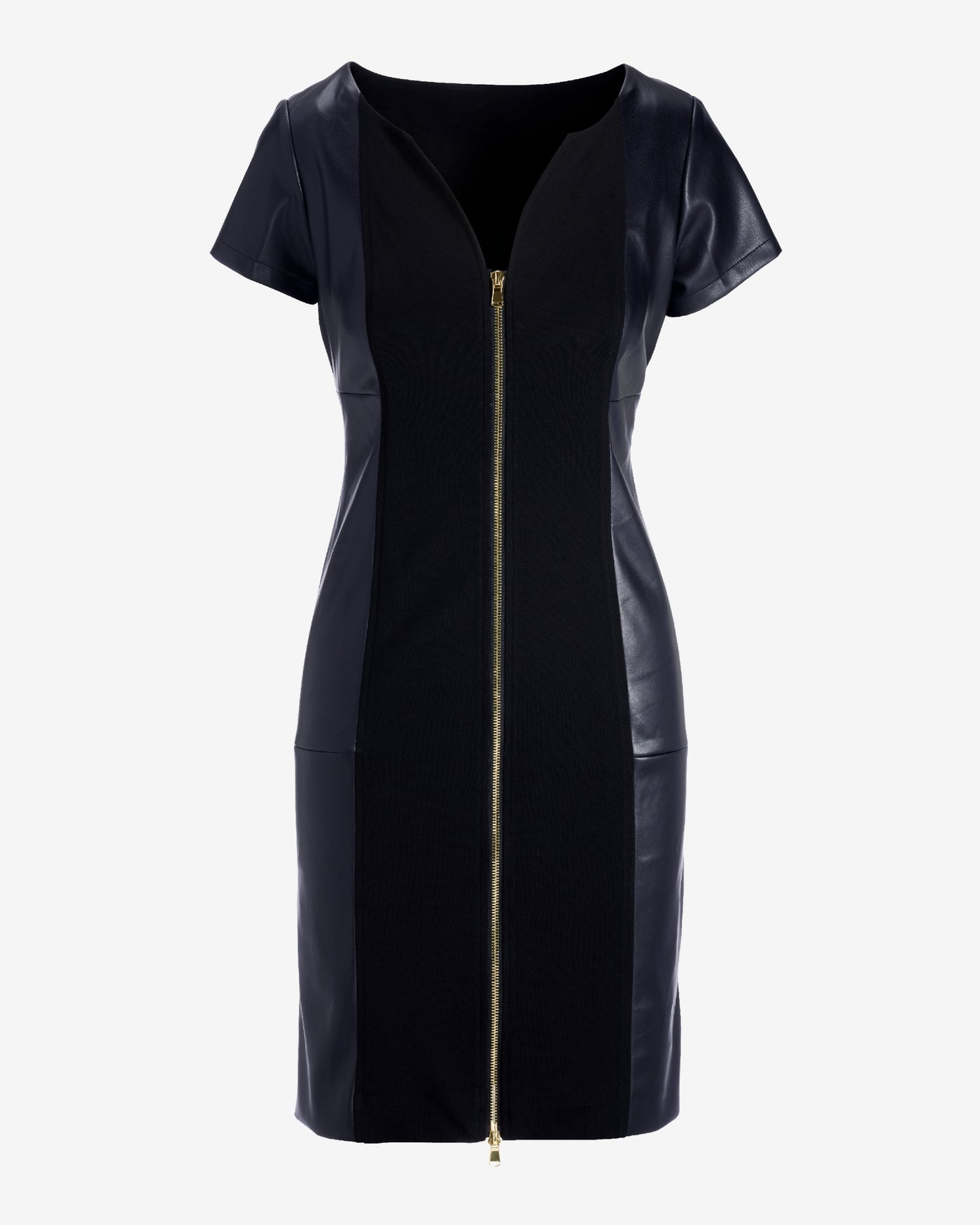 Faux Leather Trim Cap Sleeve Ponte Zip Up Dress Black