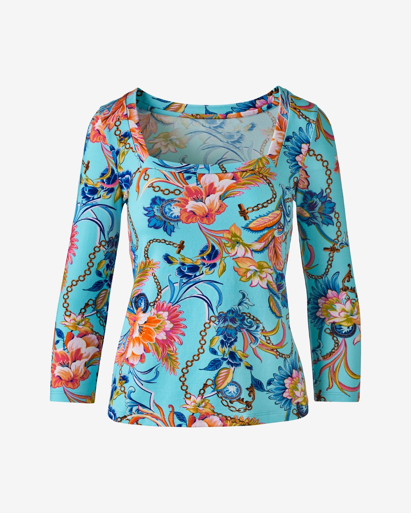 Ribbed Printed Square Neck Three Quarter Length Sleeve Top Iconic Status