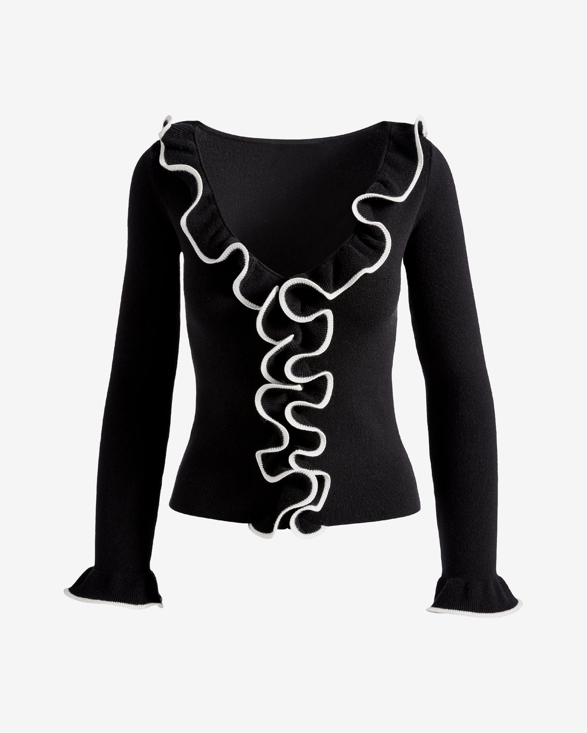 V-Neck Tipped Ruffle Sweater Top Black/White