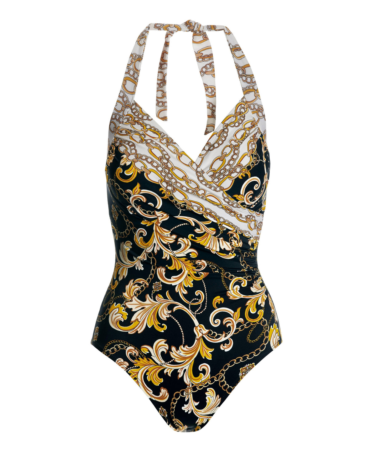 Swim Sense Filigree Status Print Surplice One Piece Black/Gold