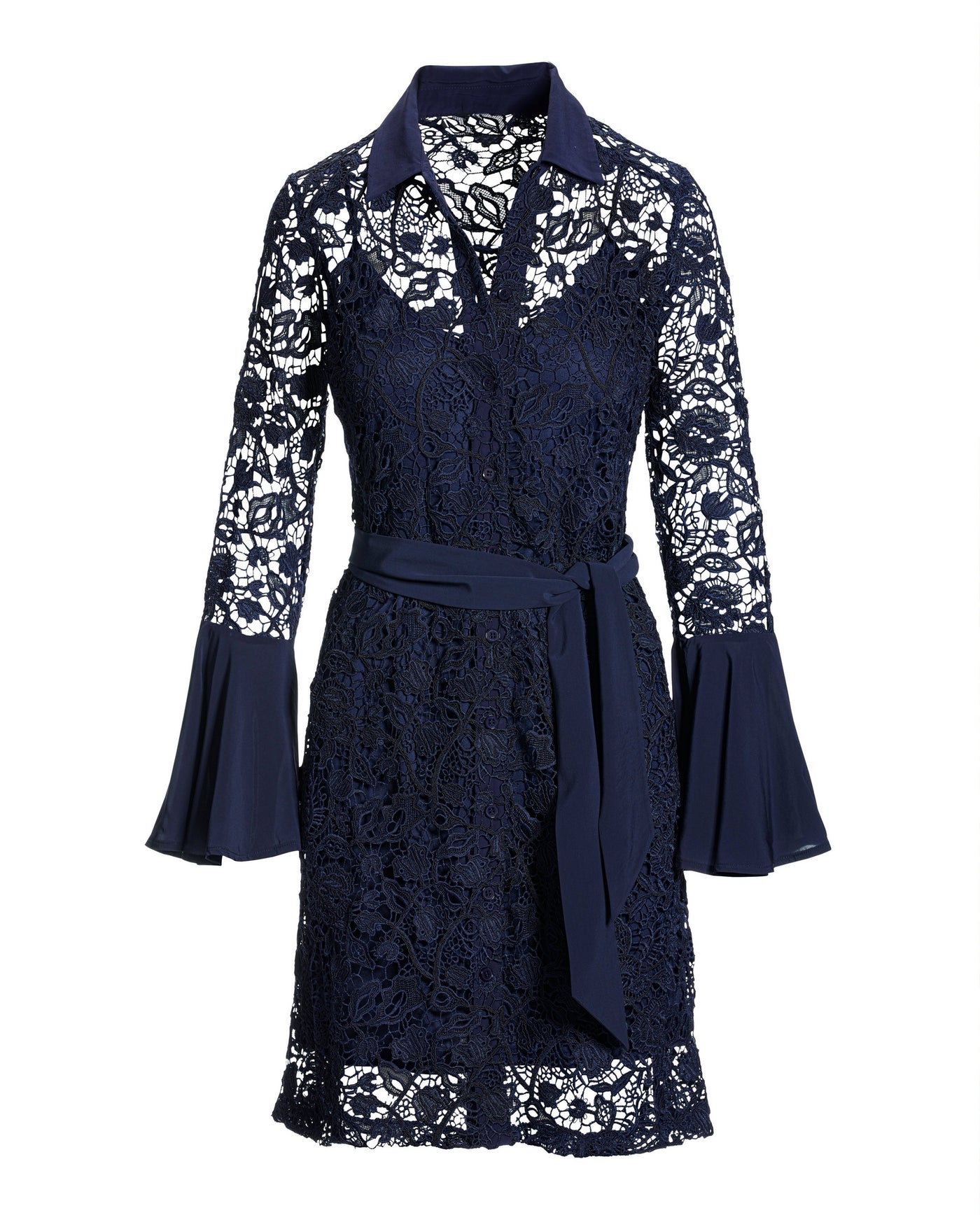 Mixed Media Lace Bell Sleeve Shirt Dress Navy