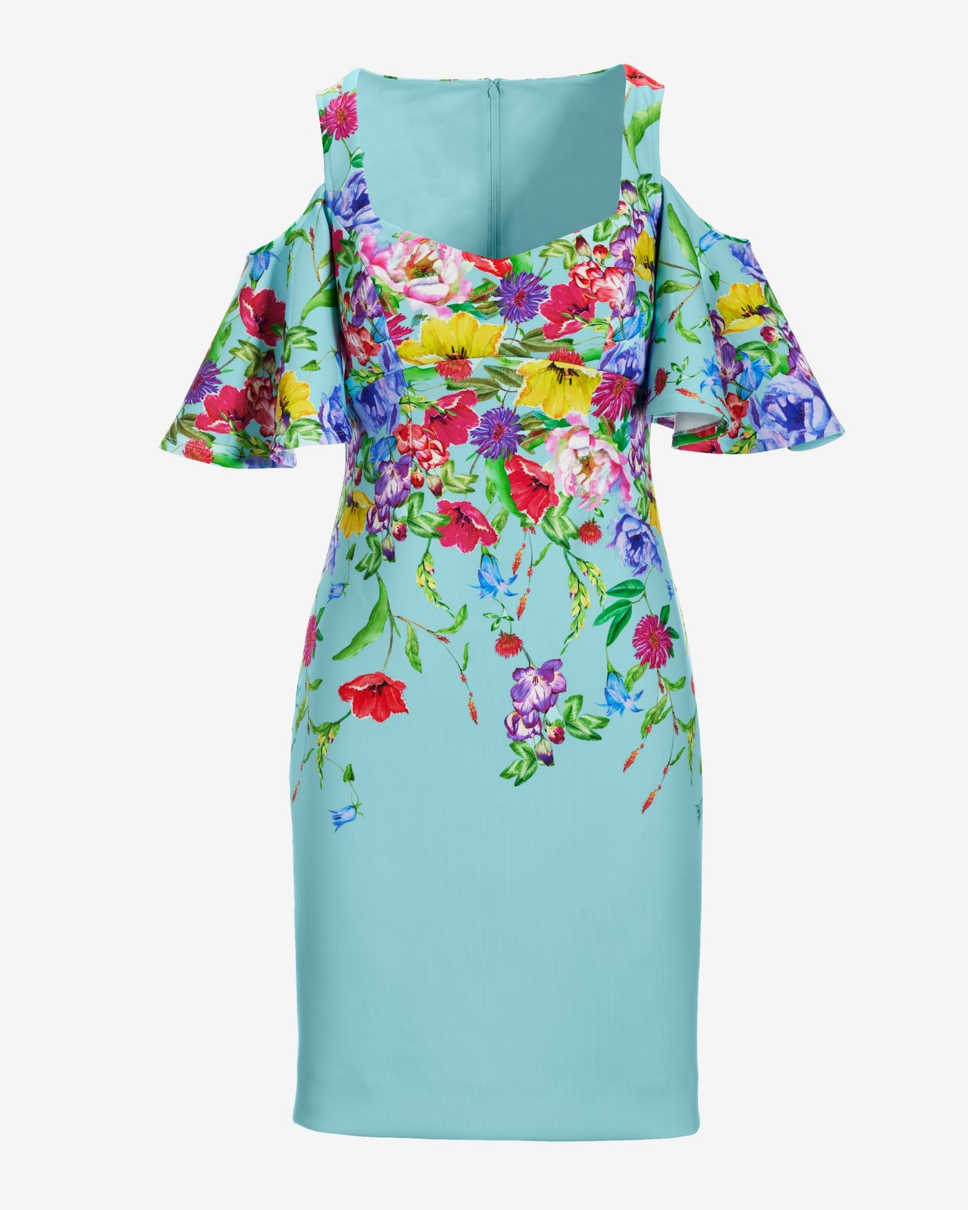 Garden Row Placed Print Cold Shoulder Scuba Dress Blue Tint multi