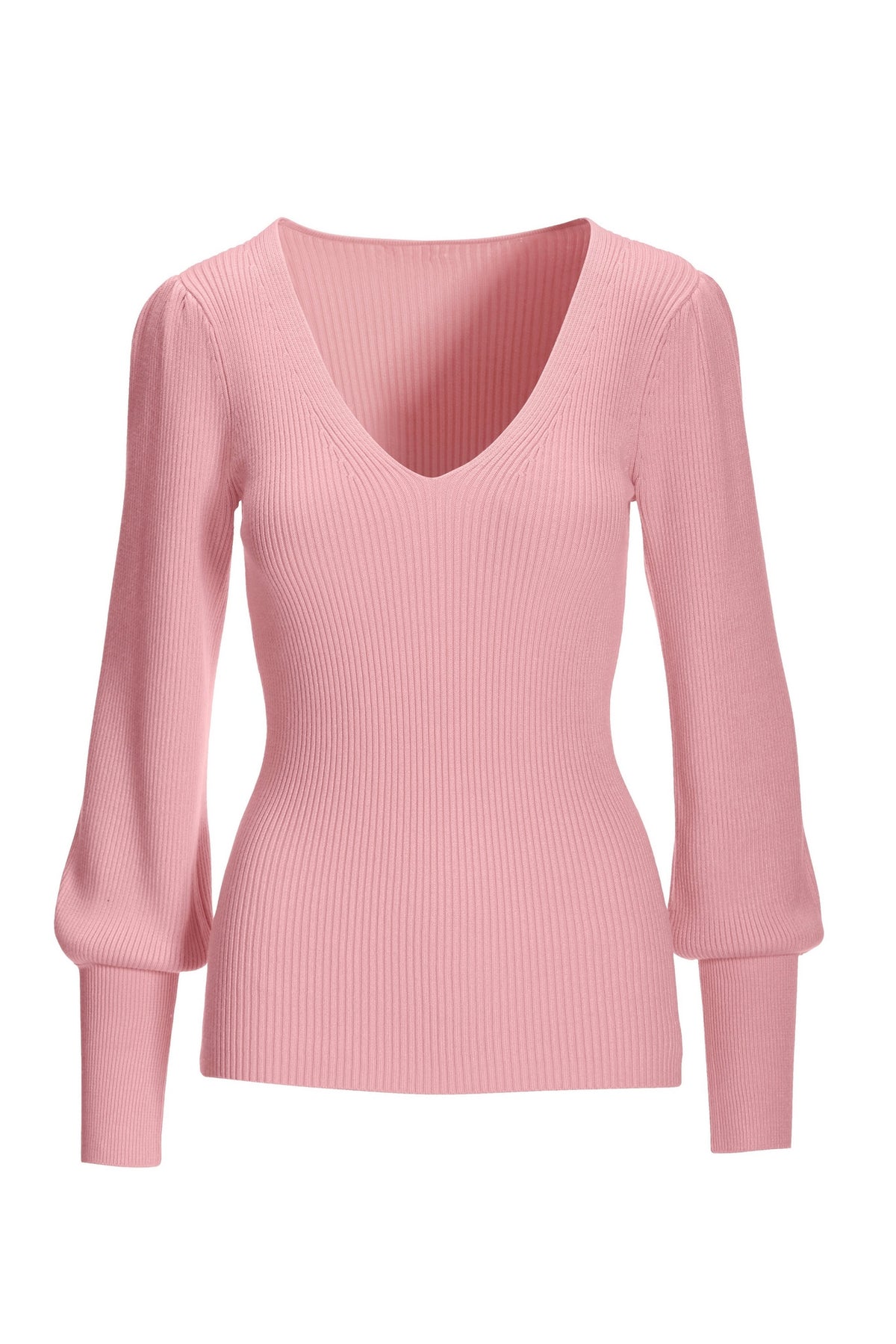 Rib Puff Sleeve V Neck Sweater Cherry Blossom