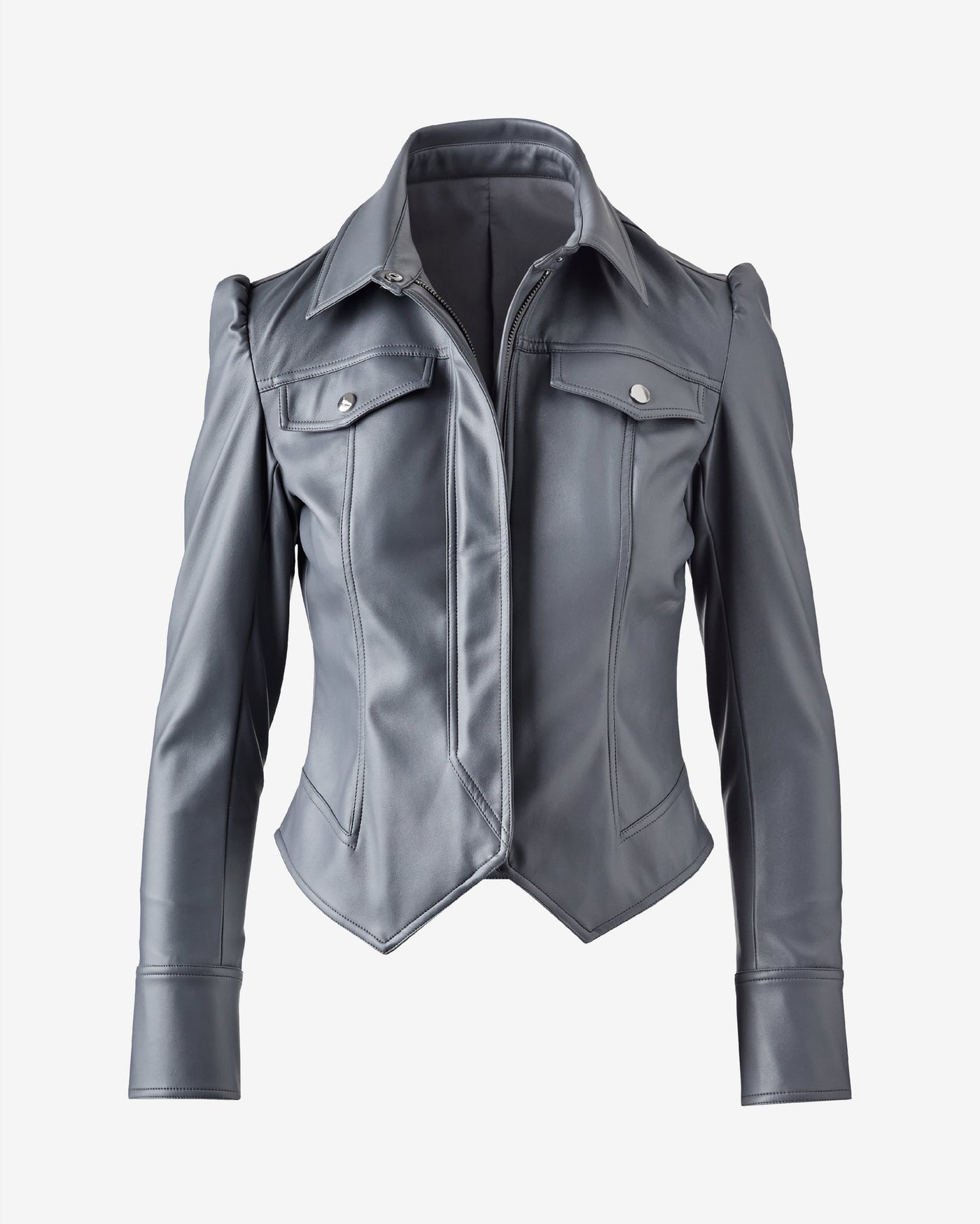 Puff Sleeve Faux Leather Jacket Slate Blue